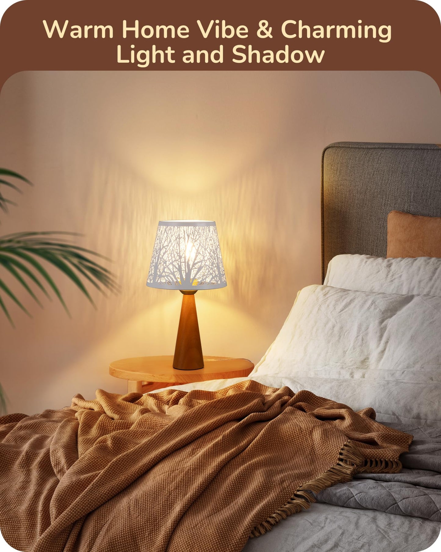 EDISHINE Small Table Lamp, Wooden Nightstand Lamp, 13.58in, Dark Wood Color, E26 Socket, ON-Off Switch