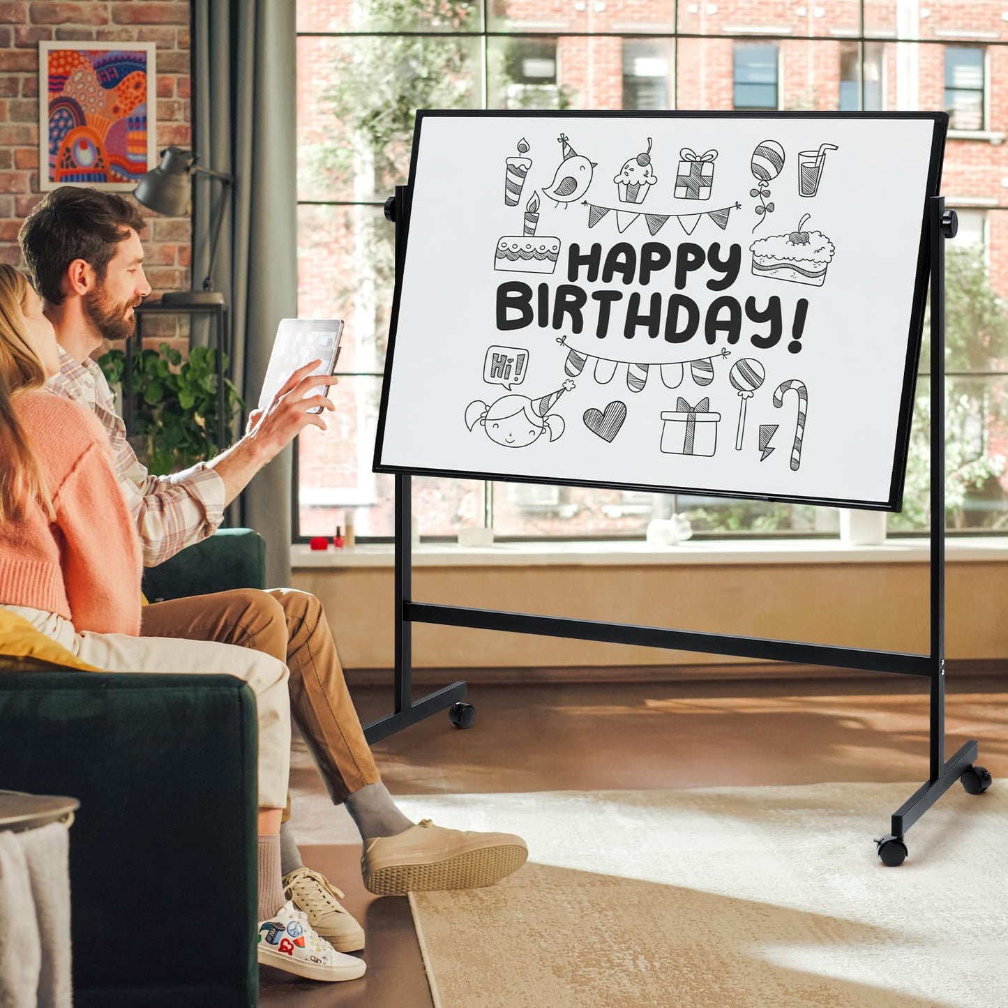 DUMOS Rolling Whiteboard Double Sided 46 x 32 Inches, Magnetic White Board Dry Erase on Wheels, Dry Erase Board with Stand for School, Office and Home, Silver Aluminium Frame, Black