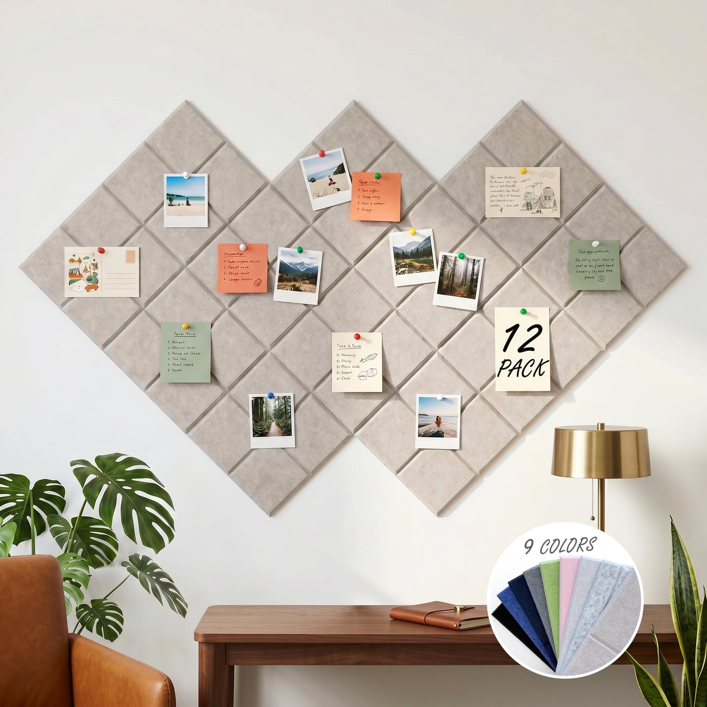 MISSDAY Oatmeal Acoustic Wall Panel Felt Bulletin Board 48" x 36" Cork Board for Wall, 12-Pack Boards with 72 Removable Adhesive Tabs, 50 Pins, Pin Board for Home Office Classroom Soundproof Wall Tile