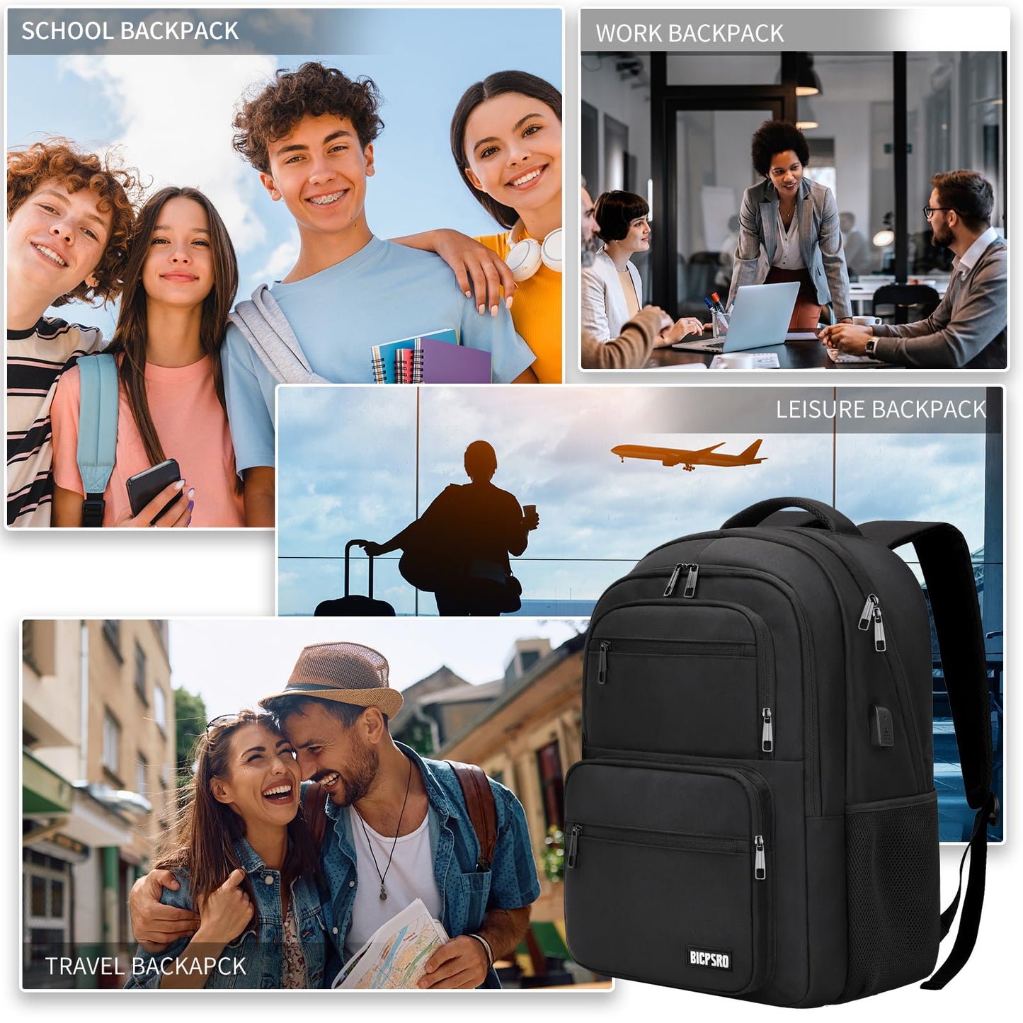 Black Backpack for Men Women, 15.6 inch Laptop Backpack for School, School Backpack for Boys Girls Teens, College Book Bag with USB Port, Water Resistant Bookbag, Business Work Travel