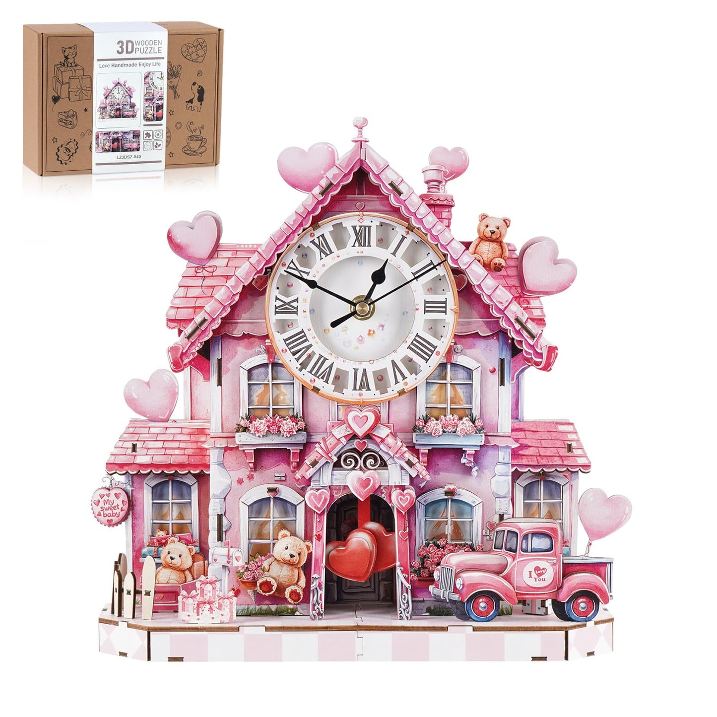 Rnfinewow 3D Wooden Puzzles for Adults, 3D Puzzle Sweetheart House Clock Kit (with Pendulum), 3D Puzzles for Adults Home Decor DIY Clock Puzzle Gifts for Women Men