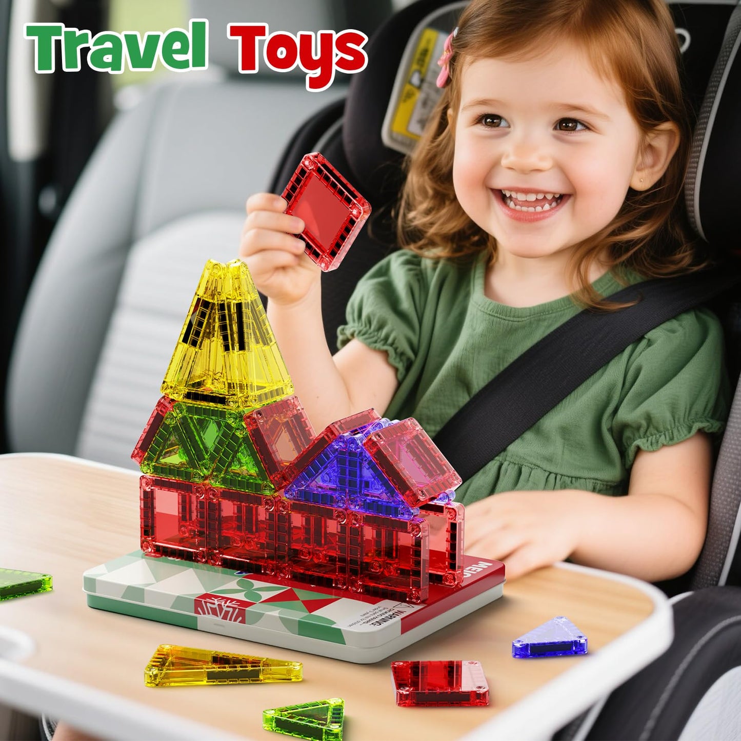 MEIQ Travel Magnetic Tiles for Kids, 26 PCs Mini Magnetic Building Blocks with Festive Iron Storage Box, STEM Travel Toys for Toddlers Ages 3-5+, Educational Learning Gift for Boys & Girls