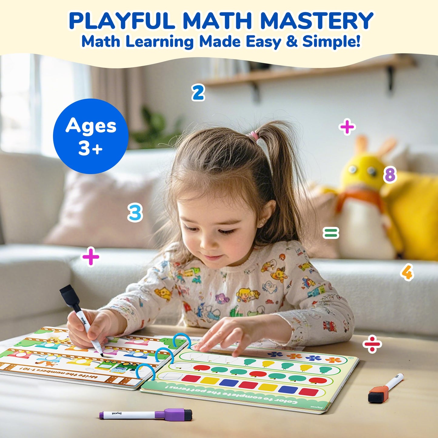 JoyCat Math Busy Book for Toddlers — Reusable Preschool Workbook with 10 Dry-Erase Markers, Number Tracing & Counting Activity Book for Kids Ages 3–8, Kindergarten Learning Activities, Travel-Ready