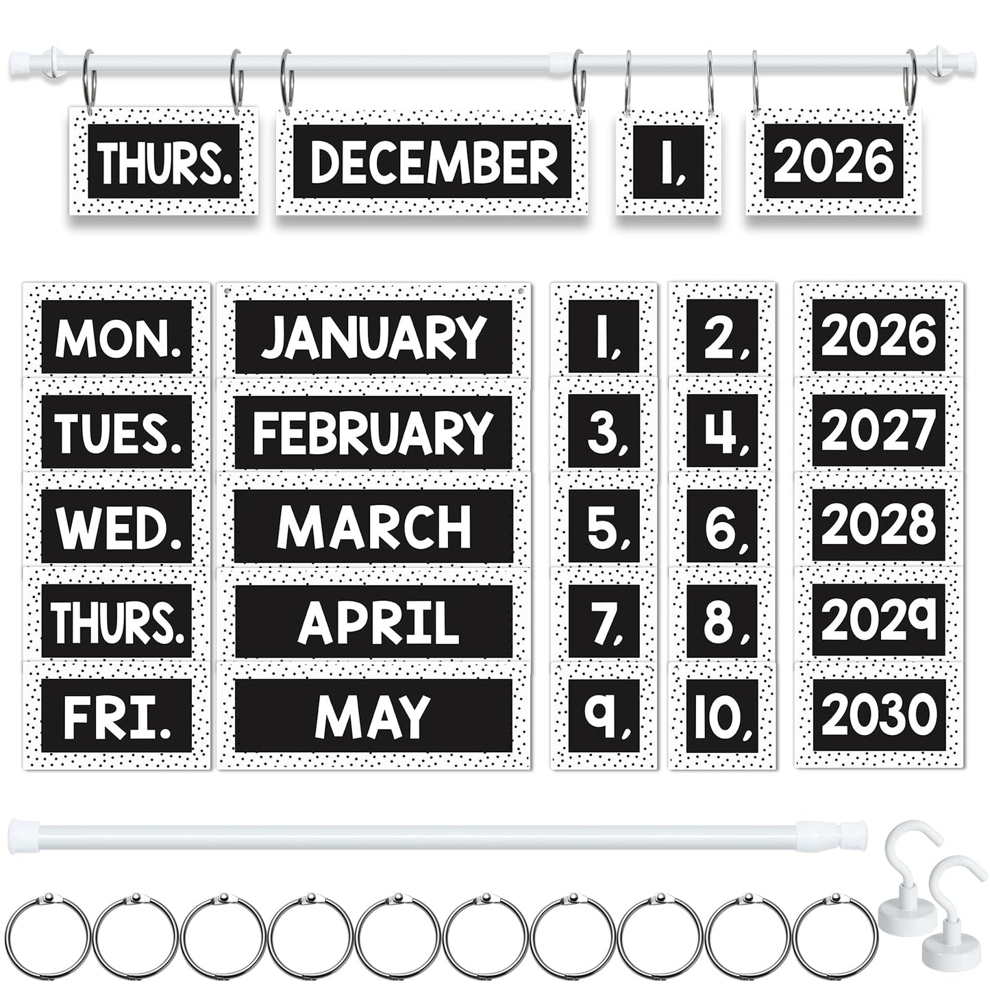 Magnetic Black and White Flip Calendar Bulletin Board Set, 60 Calendar Cards with Adjustable Magnetic Rod, Polka Dot Classroom Calendar Date Cards Set for Class Whiteboard Decor Back to School Teacher Supplies