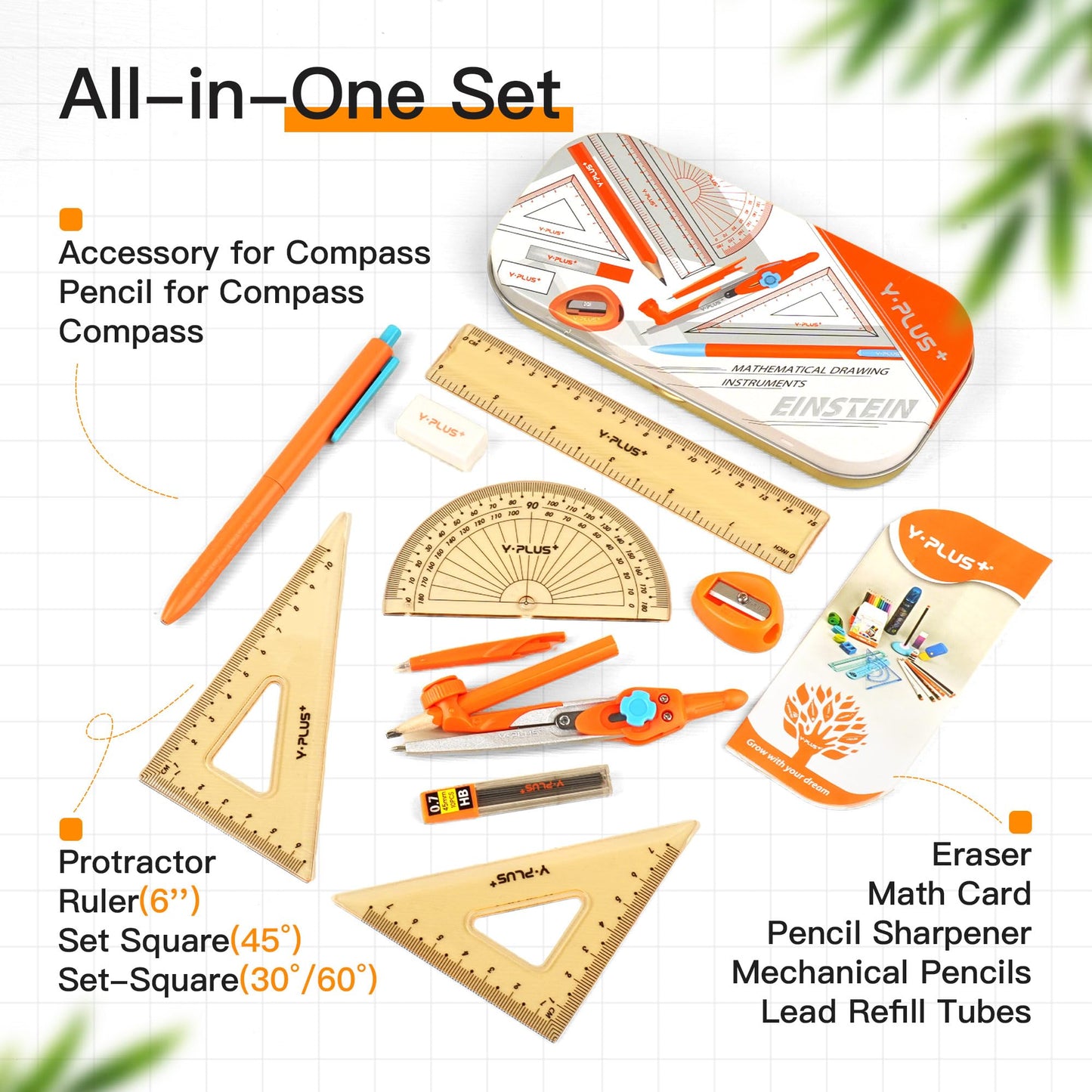 YPLUS Geometry Set for Students, Compass Drawing Tool with Metal Case, Math Protractor with Protractor, Rulers, Metal Compass, Mechanical Pencil - 12 Pcs, Back to School Supplies for Students