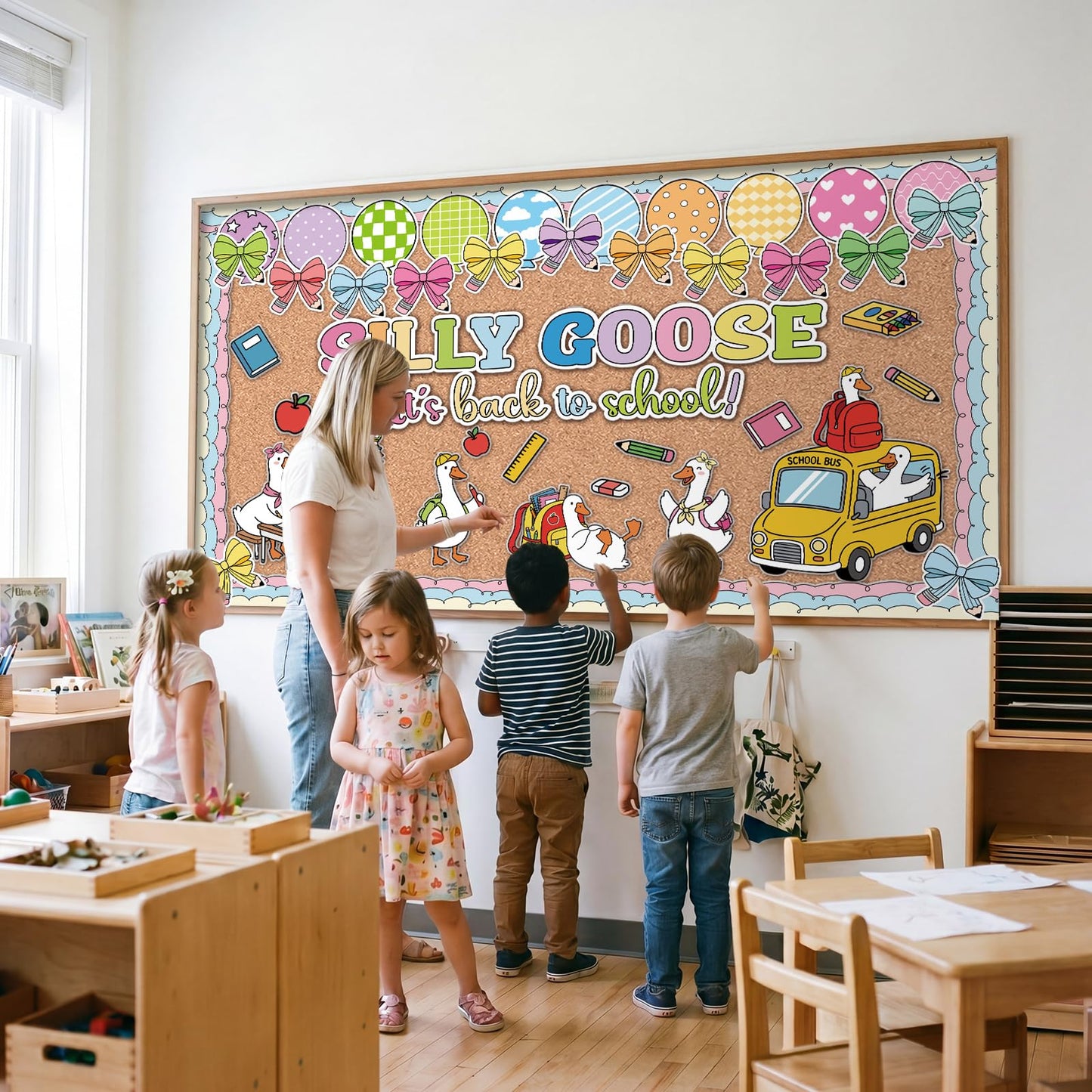 Gersoniel 70 Pcs Silly Goose It's Back to School Bulletin Board Set Goose Bow Book Pencil Banner DIY Paper Cutout for First Day of School Birthday Party Classroom Chalkboard Wall Decorations