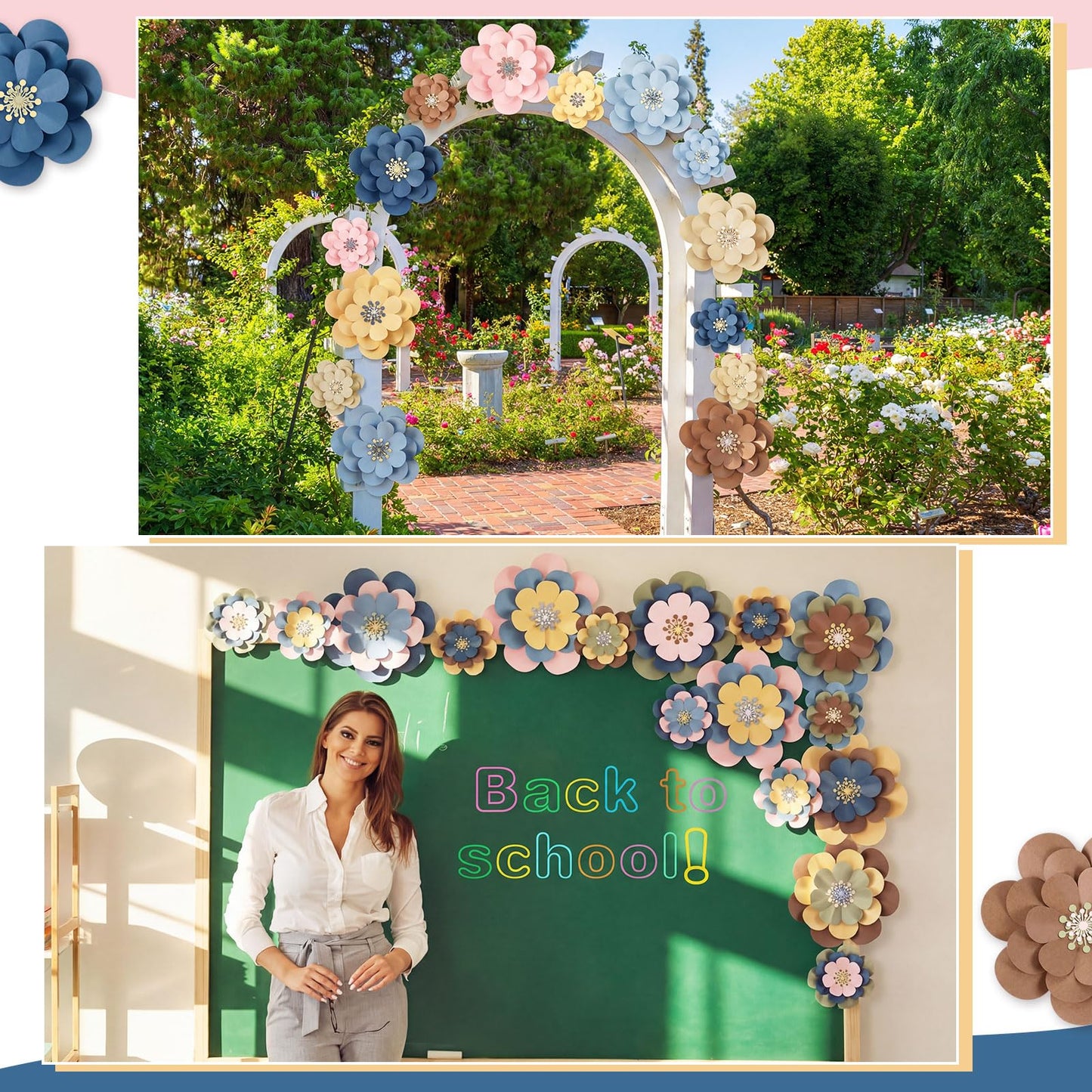Mooliwe Paper Flowers Decorations for Wall DIY 3D Paper Bulletin Board Mexican Flowers Backdrop Decoration for Classroom Back to School Holiday Party(Fresh,12 Set)