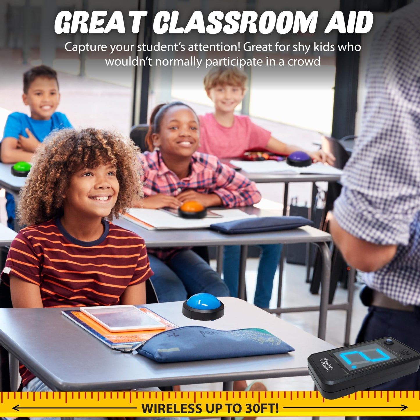 Teacher's Choice Wireless Light Up 8 Player Game Buzzer Button System | Displays the Winning Player | Loud, Unique Sounds Great for Trivia Games, Family Feud, Jeopardy, Competition, Spelling Bees