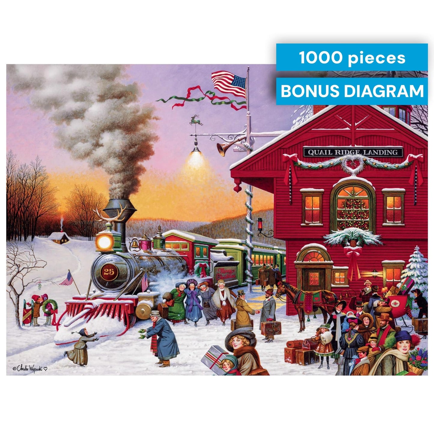 Buffalo Games – Charles Wysocki - Whistle Stop Christmas- 1000 Piece Holiday Jigsaw Puzzle - Festive Puzzles for Adults – Precision-Cut Pieces, Winter Artwork, Hours of Relaxing Fun