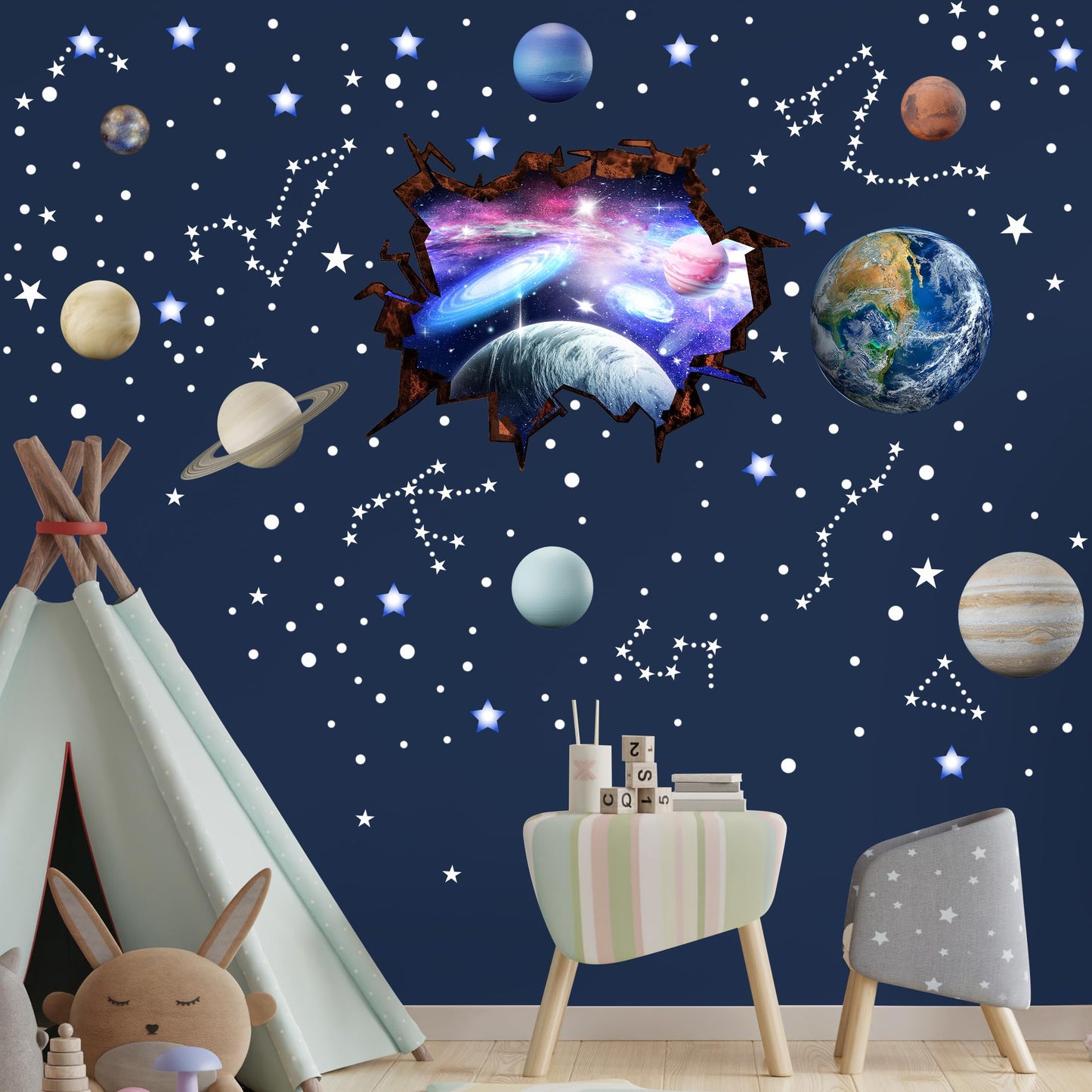 Robmoda Stars and Planets Wall Decals Glow in The Dark, Earth Solar System Stickers for Ceiling, Space Wall Sticker for Kids Room (Blue)