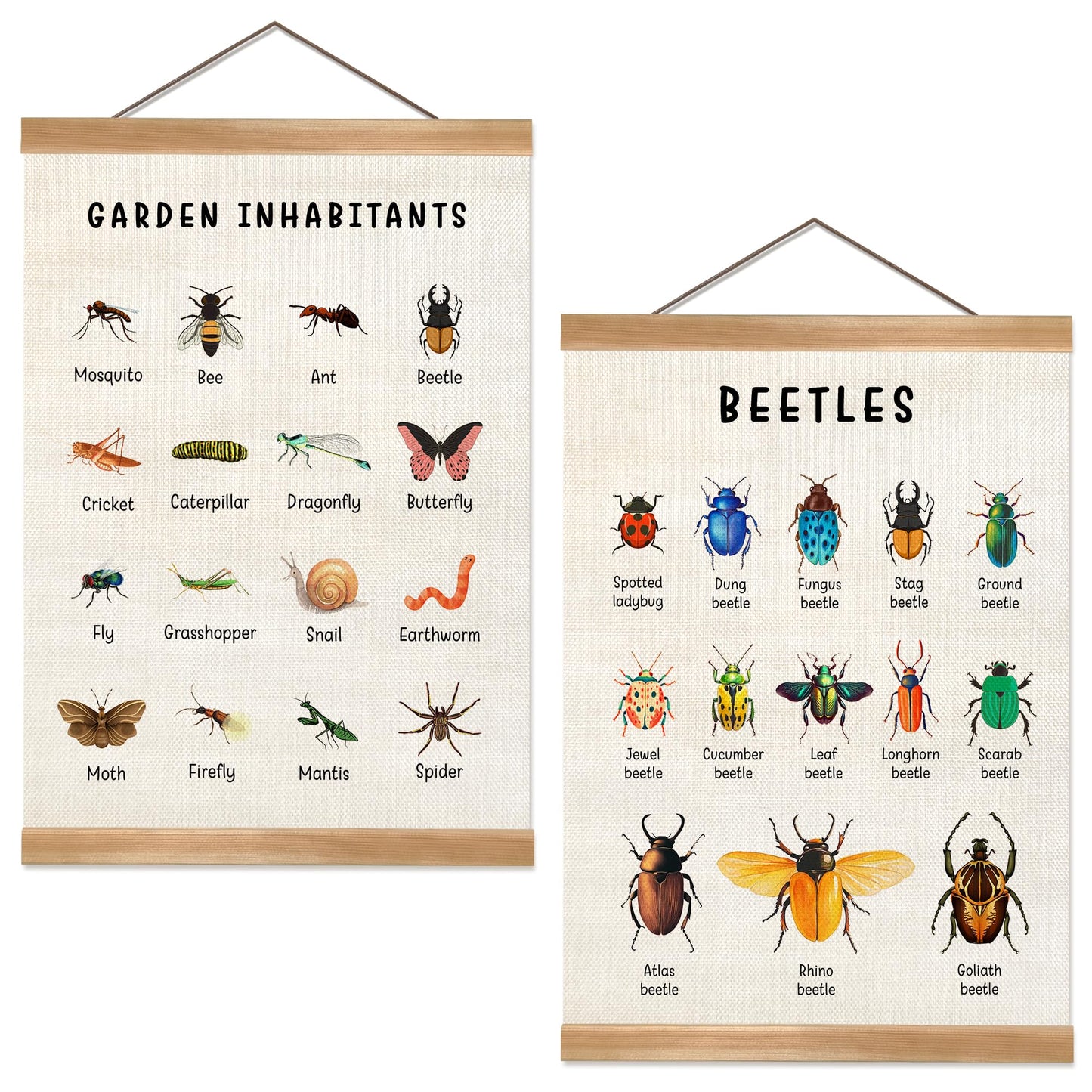 ZTGDA Insect Posters Garden Inhabitants&Beetles Linen Canvas Wall Art with Wooden Frame, Montessori Nature Posters for Classroom Playroom or Homeschool Decor(Set of 2 Insect)