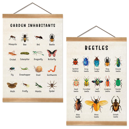 ZTGDA Insect Posters Garden Inhabitants&Beetles Linen Canvas Wall Art with Wooden Frame, Montessori Nature Posters for Classroom Playroom or Homeschool Decor(Set of 2 Insect)