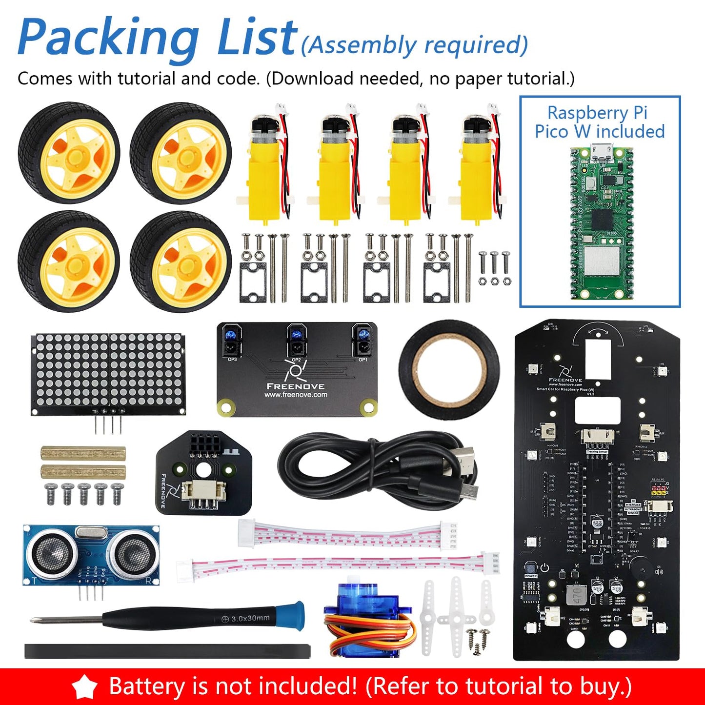 Freenove 4WD Car Kit for Raspberry Pi Pico W (Included) (Compatible with Arduino IDE), Dot Matrix Expressions, Obstacle Avoidance, Line Tracking, Light Tracing, Colorful Light, App