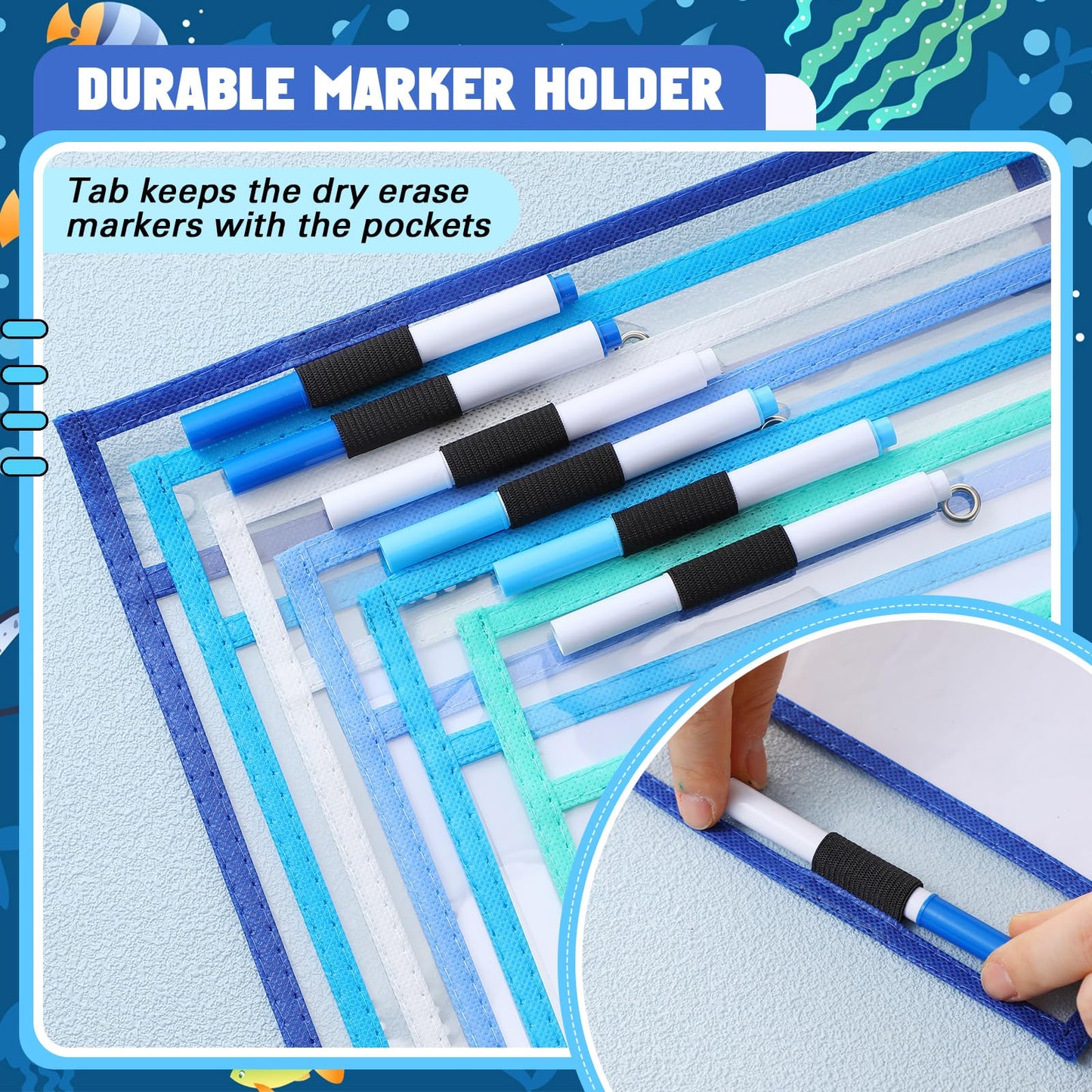 24 Pcs Dry Erase Pocket Reusable Sleeves 10" x 14" Clear Plastic Sheet Protectors with Markers and Mini Dry Erasers for Paper(Ocean Teal)