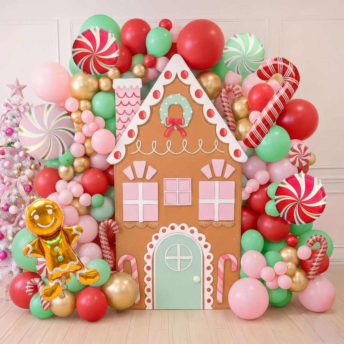 Christmas Balloon Garland Arch kit green pink red balloon with Gingerbread Balloon Cane Candy Foil Balloons for Christmas Party Decorations Xmas New Year Birthday Party Supplies globos de navidad