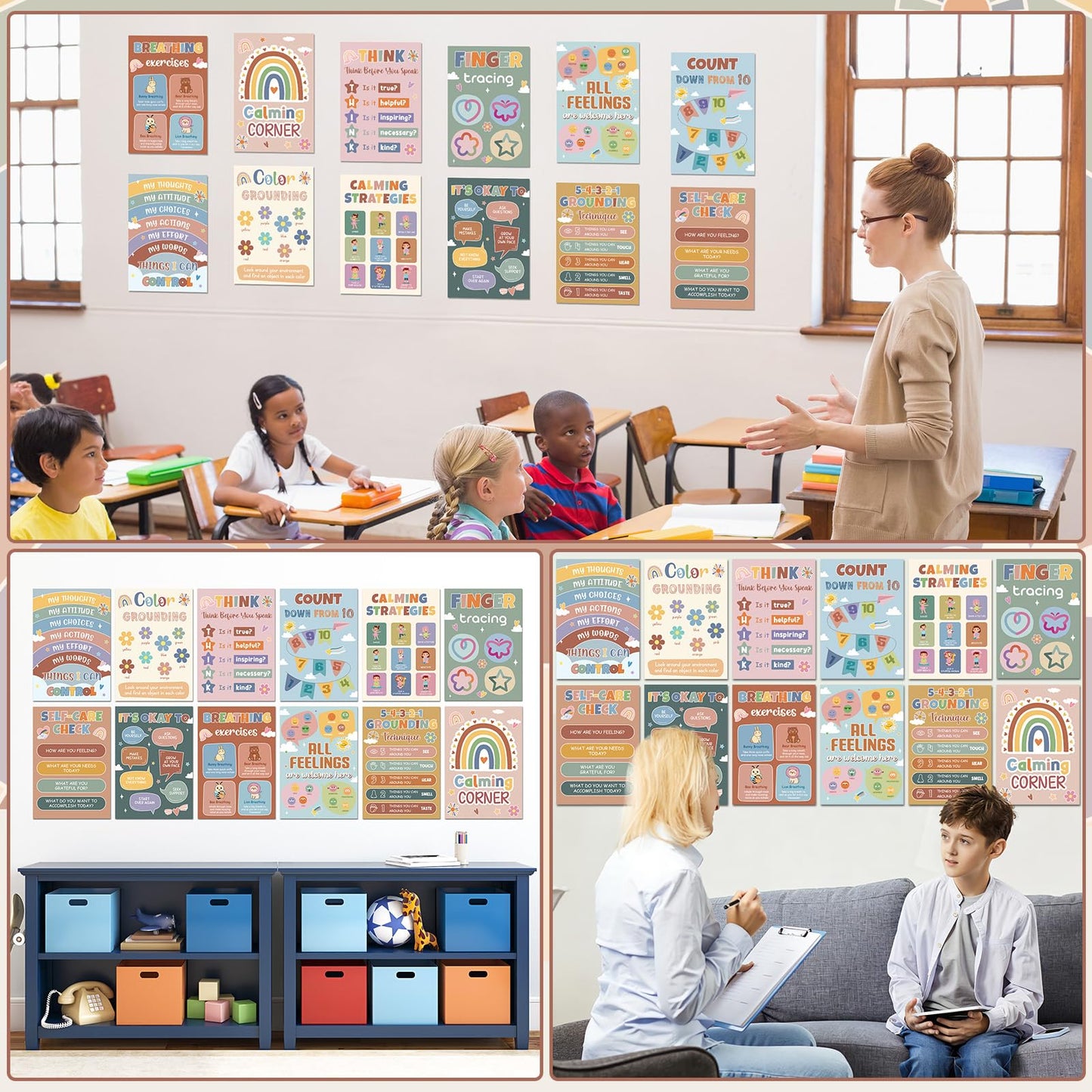 12Pcs Calming Corner Posters for Classroom Calm Down Boho Emotions Feeling Poster for Kids Inspirational Back to School Wall Decor Motivational Mental Health Posters for Office Home Teacher Supplies