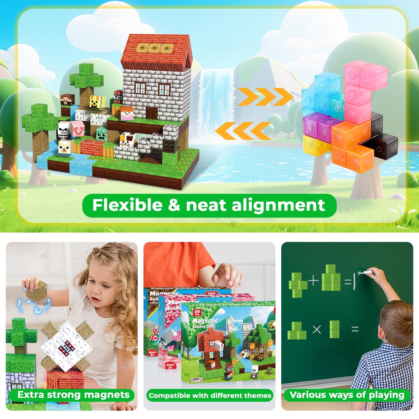 300 PCS Magnetic Blocks - Magnetic Building Blocks Cubes, Magnet Toys for Kids Age 3+, Toy Building Set for Kids, Magnets Stacking Construction Easter Birthday Gifts for Boys Girls Age 4-8, 8-12