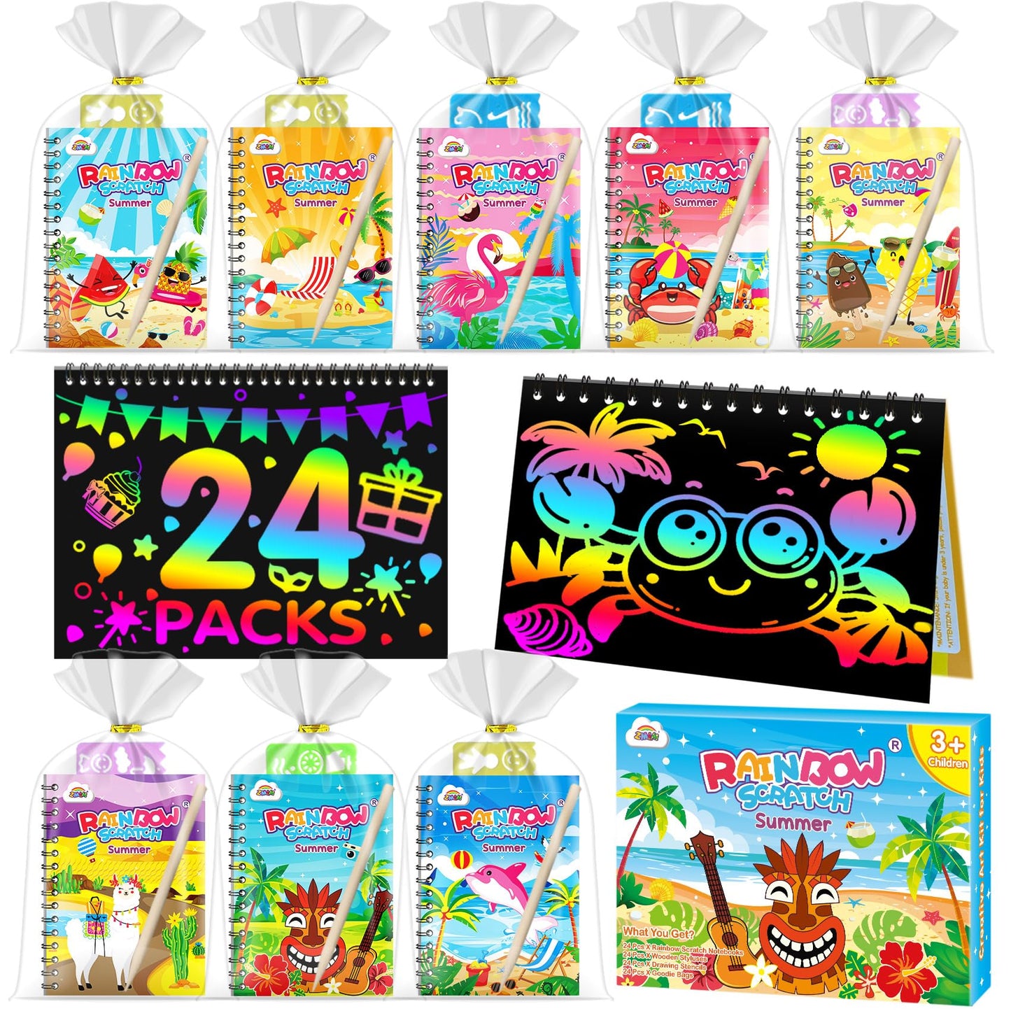 ZMLM 24 Pack Scratch Art Party Favors: Birthday Party Favors for Kids 4-8, Bulk Rainbow Scratch Notebook Paper Pads, Goodie Bags Stuffers Girls Boys Classroom Gifts Crafts Toys(Summer)