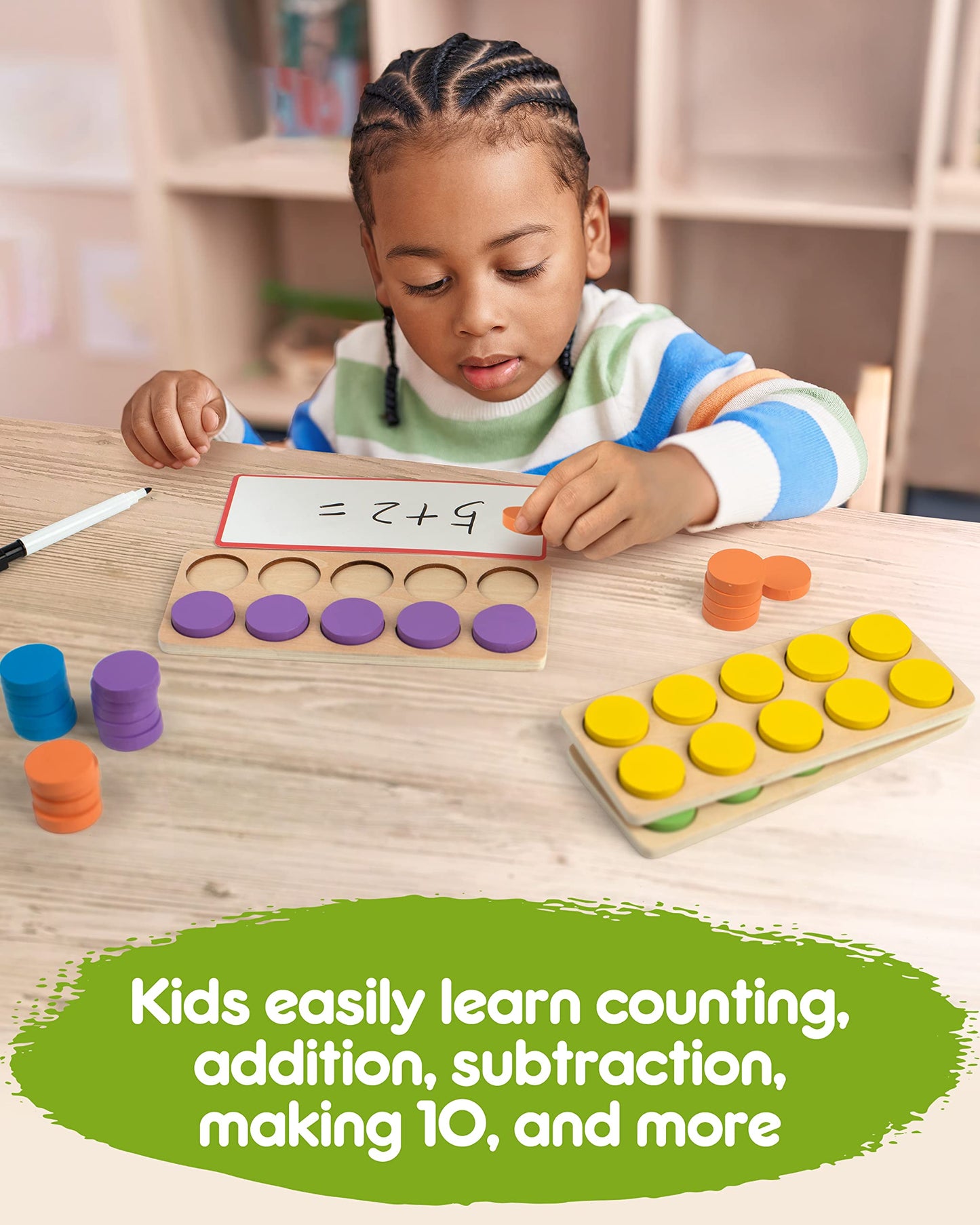 SYNARRY Wooden Ten-Frame Set Math Manipulatives for Kindergarten Elementary 1st 2nd Grade Homeschooling, Addition and Subtraction Montessori Math Games for Chirldren, Counters Toys for Kids Ages 3-8