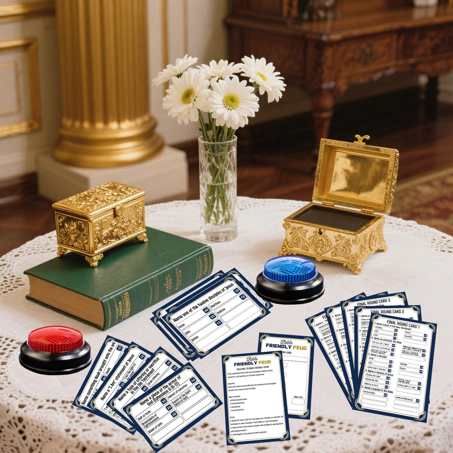 Christian Bible Family Feud Game with 2 Buzzers for Trivia Games, Religious Card Game Set for Church Groups, Easter Party & Family Game Night, Fun Bible Games for Adults and Family Team Building
