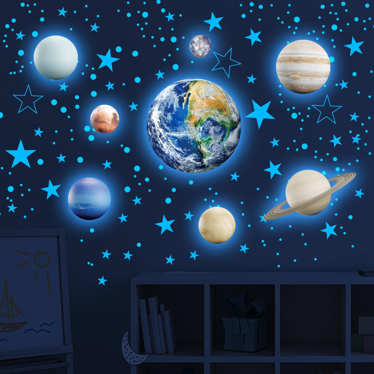 Glow in The Dark Stars Solar System Wall Decals, The Earth Wall Stickers for Bedroom, Baby Nursery Planets Sticker Decoration for Ceiling (Blue)