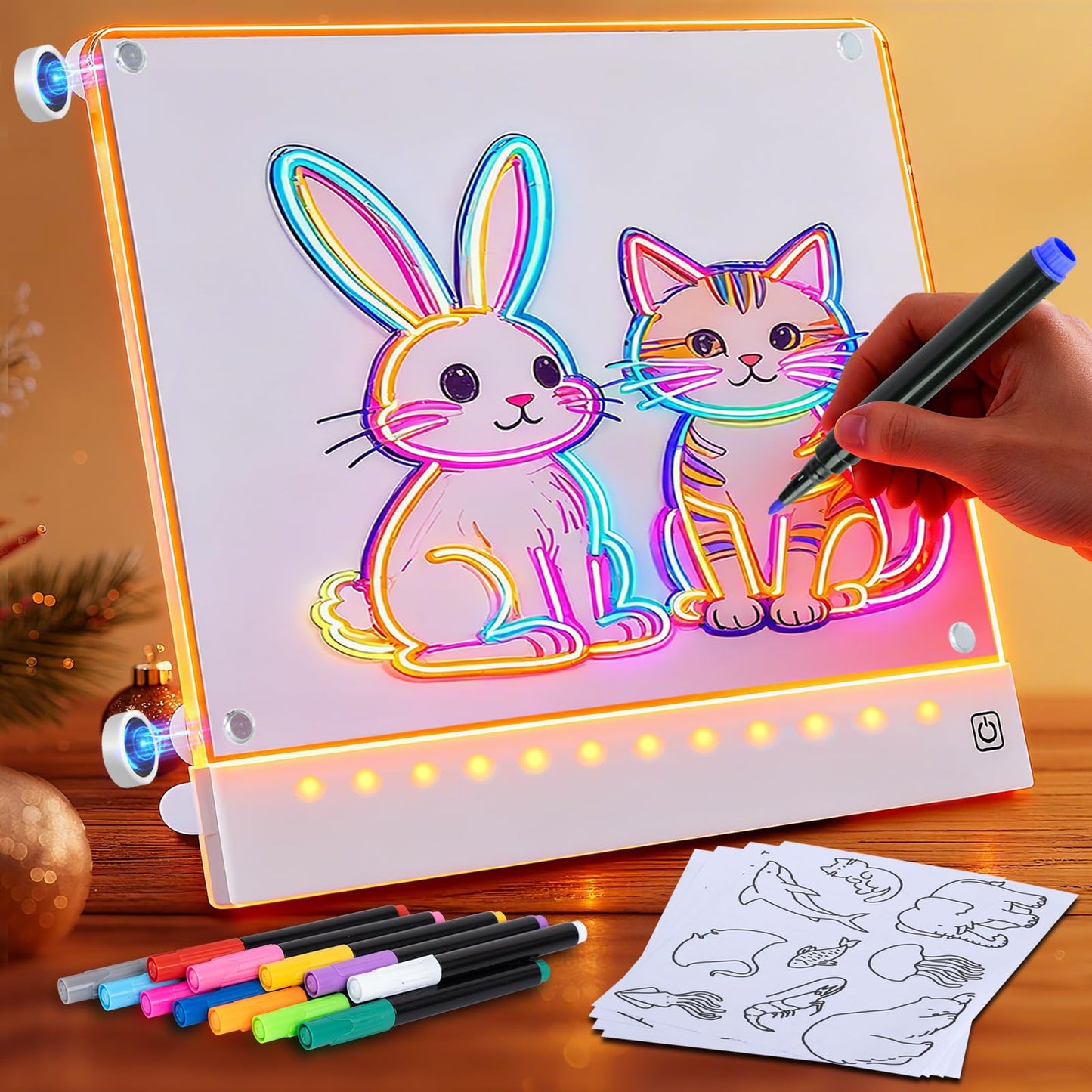 Rechargeable LED Drawing Board for Kids with Tracing Pages, Lumi Board Magnetic Light Up Acrylic Dry Erase Board, LED Note Board with 4 Magnets, Birthday Gifts Toy for Kids/Girls