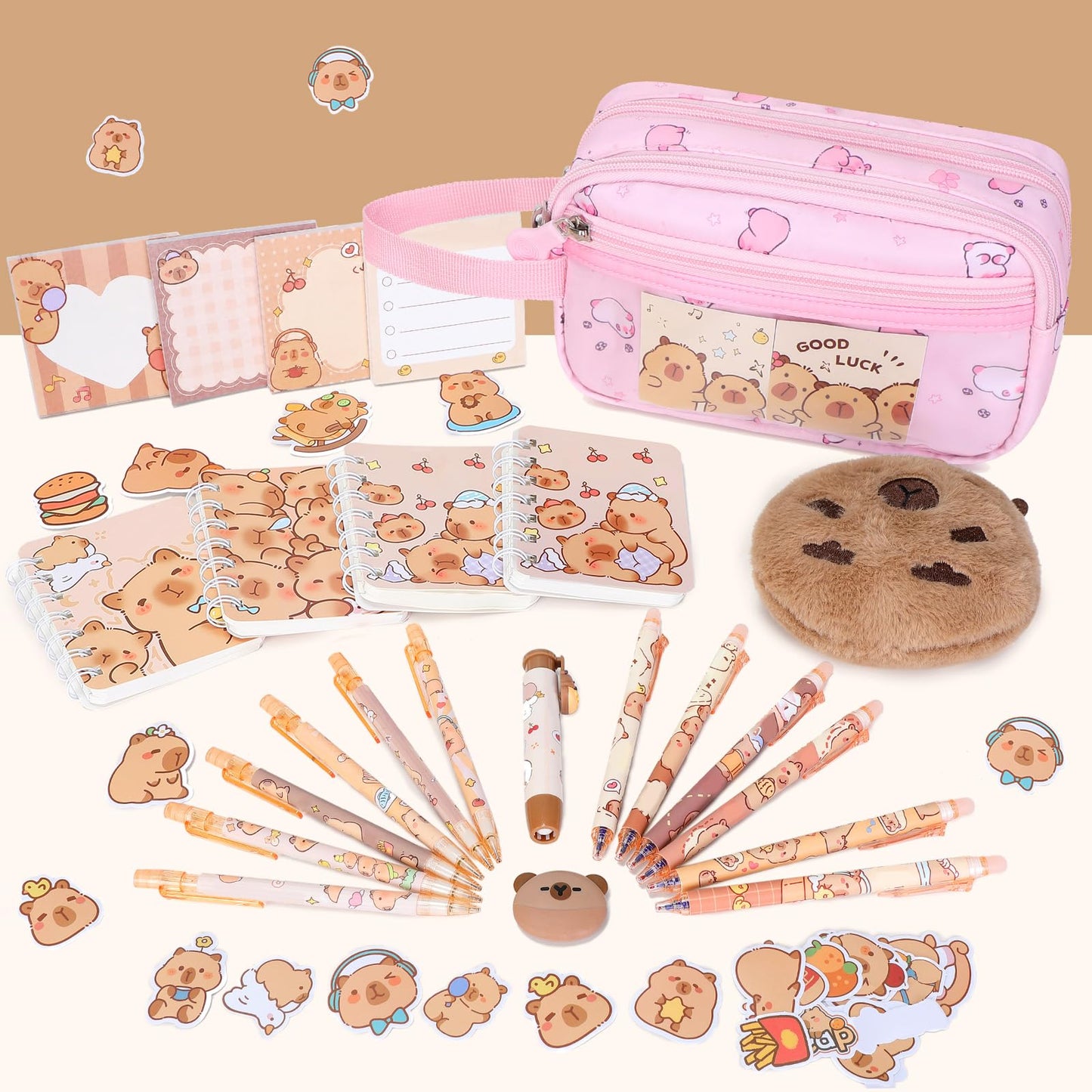 Similove Capybara Theme Backpack for School Girls, 35PCS Kids Backpack Set with School Supplies Stationery Kit Lunch Box Pencil Case, Cute Girls Bookbag for Kindergarten Elementary Student