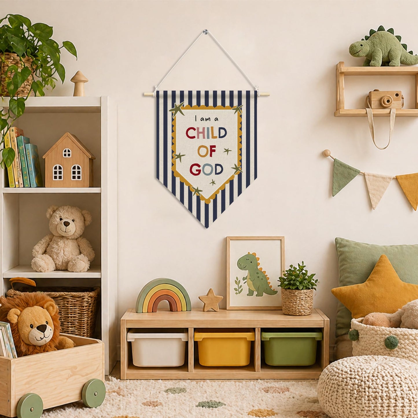 RUKUPA Christian Nursery Wall Art Decor, Bible Verse Hanging Pennant Flag, Boy Girl Nursery Religious Wall Art Poster Hanger for Kids Toddler Boys Girls Room Playroom Bedroom Decor, 11x15 Inch