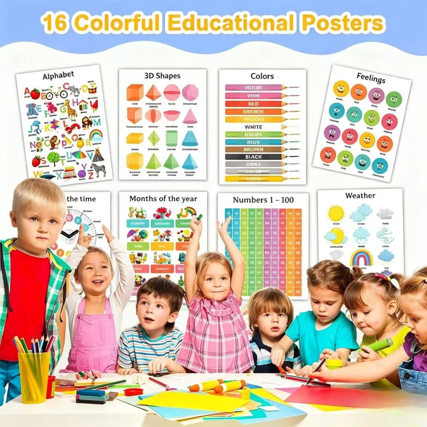 Educational Preschool Learning Posters,Alphabet ABC Posters for Toddlers Classroom Playroom Wall Decor,Counting Chart for Kindergarten,Pre K Learning Poster for Toddlers 1-3 Homeschool Supplies