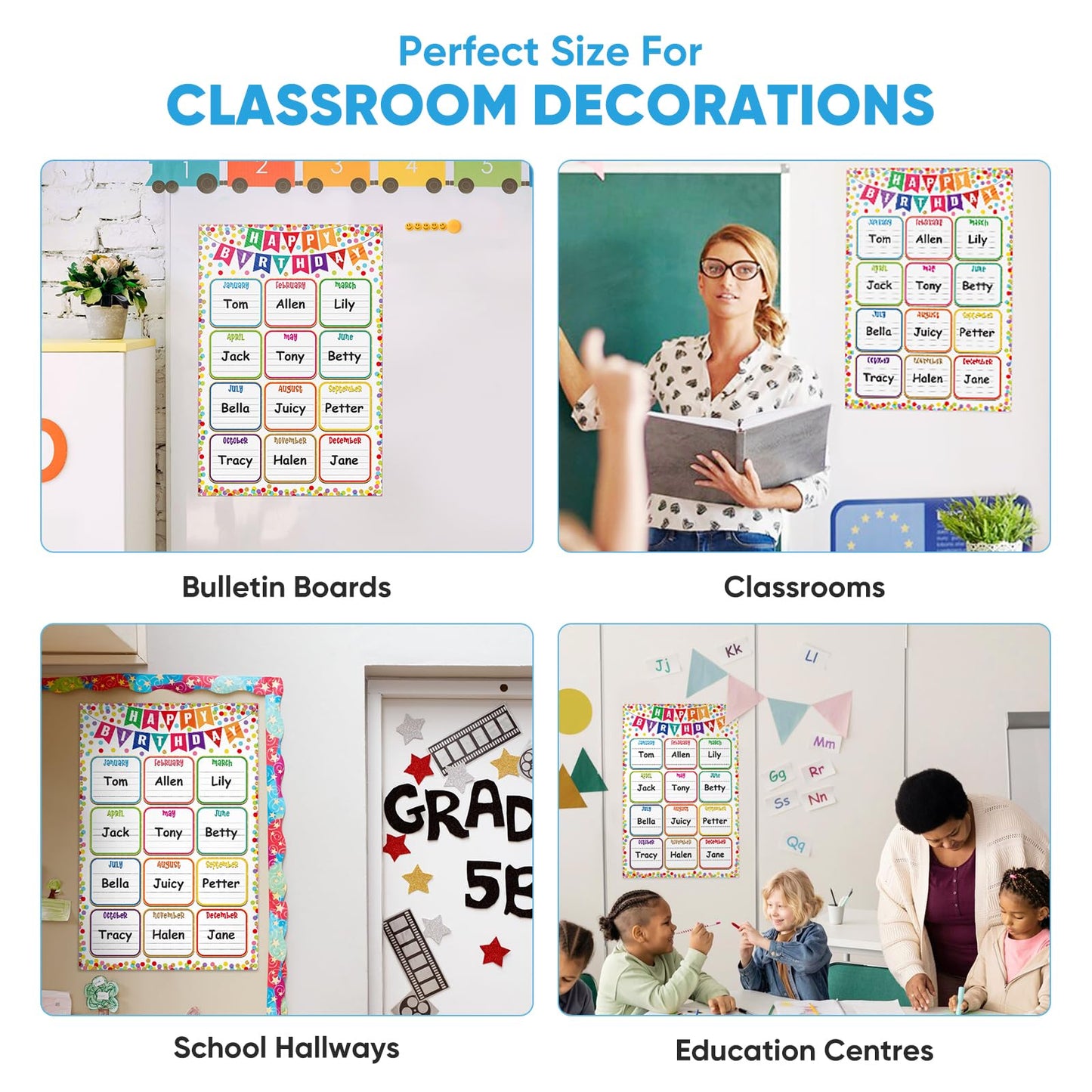 FaCraft Birthday Chart Poster for Classroom - Reusable Laminated 16.5" x 12" Happy Birthday Calendar for Bulletin Board Decoration Confetti Back to School Teacher Supplies for Elementary & Preschool