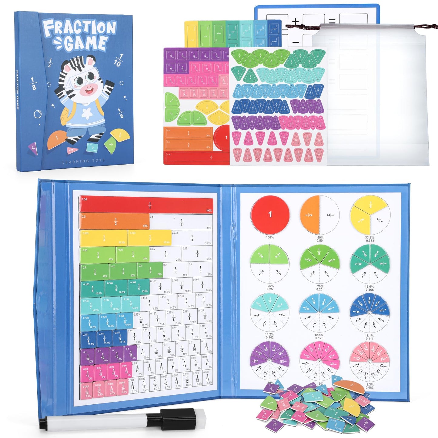 Magnetic Fraction Educational Puzzle, Magnetic Fraction Tiles and Circles, Elementary Fraction Manipulatives, Montessori Math Teaching Aid for Kids