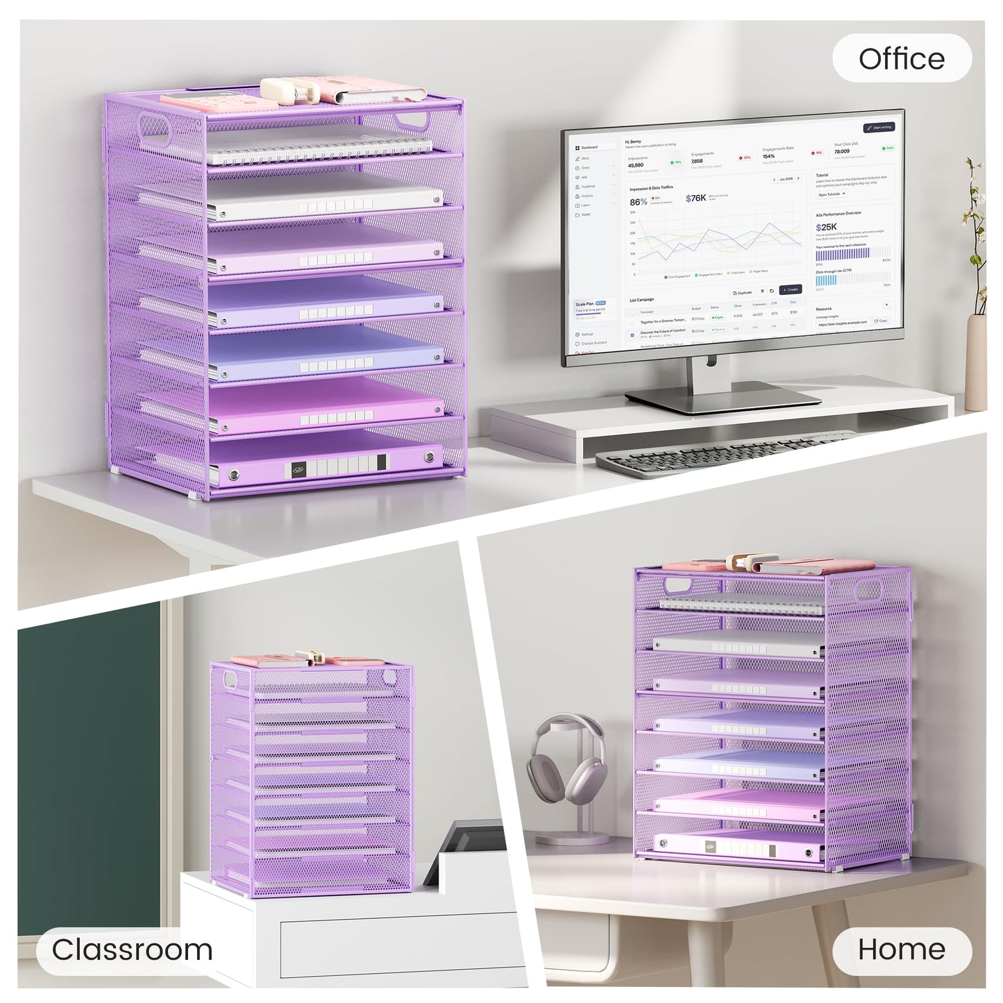 Lavatino 2 Pack 8-Tier Office Desk File Organizer, Letter Tray Paper Organizer with Handle, Including 5 Adjustable Slide Trays for Organizing Desk Workspace Accessories and Supplies (Purple Mesh)