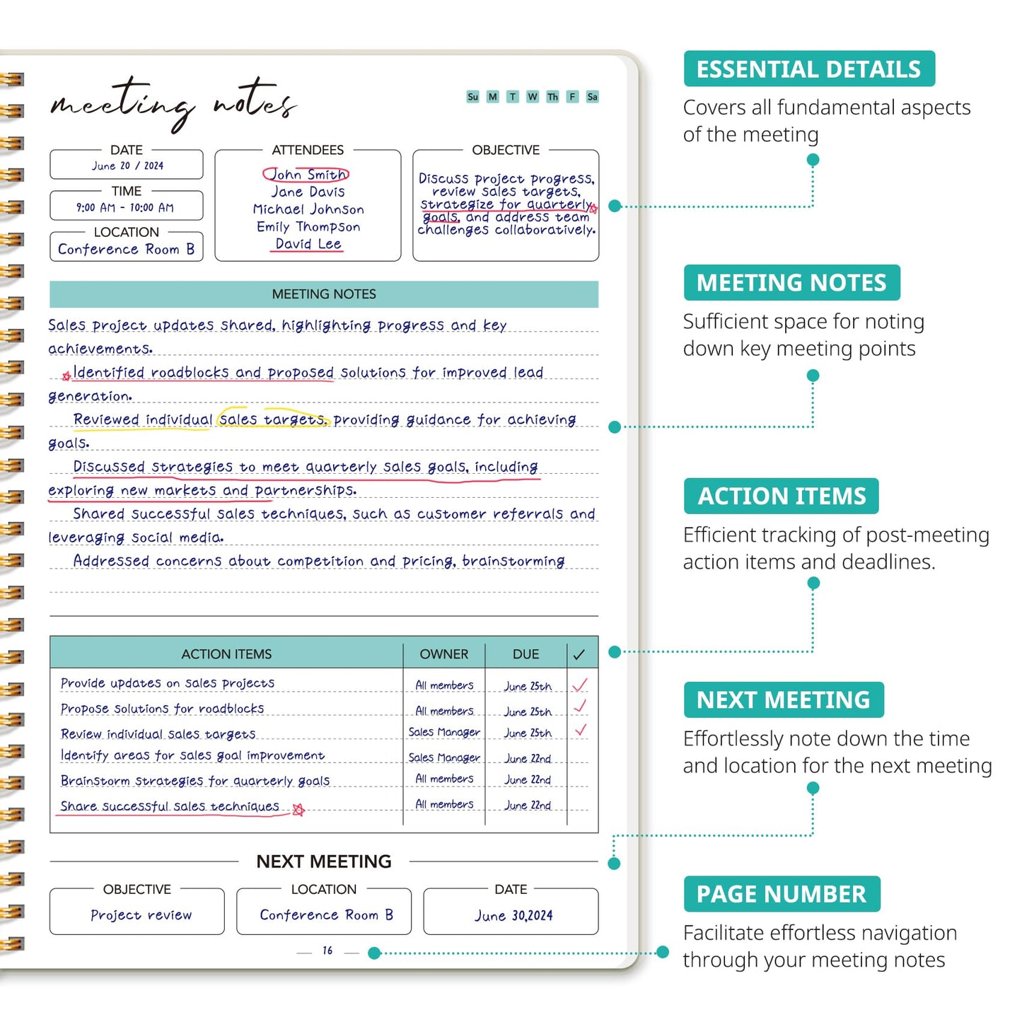 Meeting Notebook for Work Organization - Work notebook with action items, Meeting Minutes Planner Notebook, Perfect Office Supplies for Men & Women - Beige