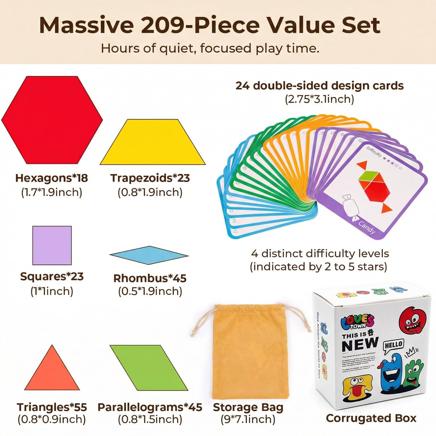LovesTown 209 PCS Shapes Wooden Pattern Blocks for Kids, Geometric with Activity Cards and Storage Bag, Educational Tangram Puzzles,Great Learning Gift from Parents or Teachers