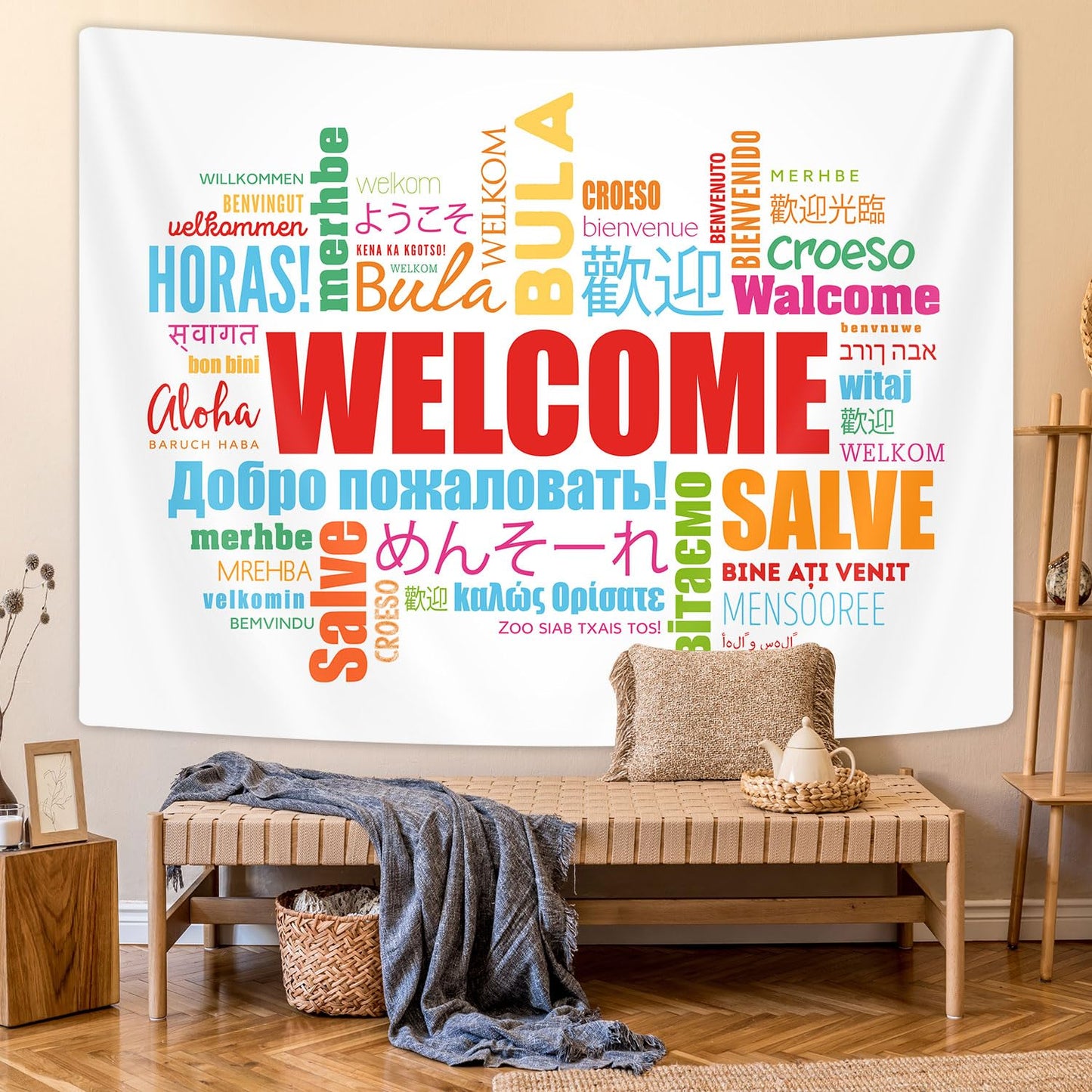 GOAOK Welcome Word in Different Languages Tapestry, Colourful Languages Multilingual Classroom Decor Aesthetic Tapestry Wall Hanging for Student Kids Decor Living Room Bedroom Dorm Playroom 60X40 In