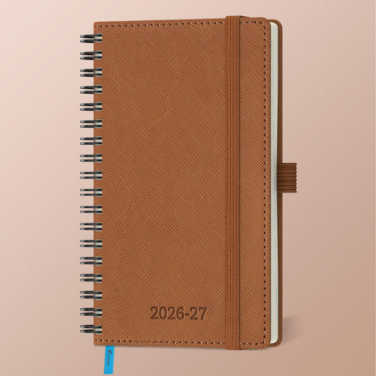 IN-LUXPRO Planner 2026-2027 Daily Weekly and Monthly,6.5"x3.75",18 Months Spiral Bound Calendar Agenda with Self-adhesive Pen Holder,2026 Academic Plan with Vegan Leather Soft Cover,Brown