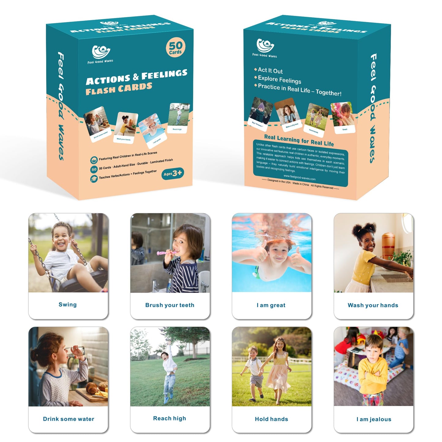 Actions Flash Cards for Kids (Ages 3-7), 50 Real-Life Photo Cards for Speech & Language Development, Based on Total Physical Response (TPR) Learning Approach, Support Daily Feelings