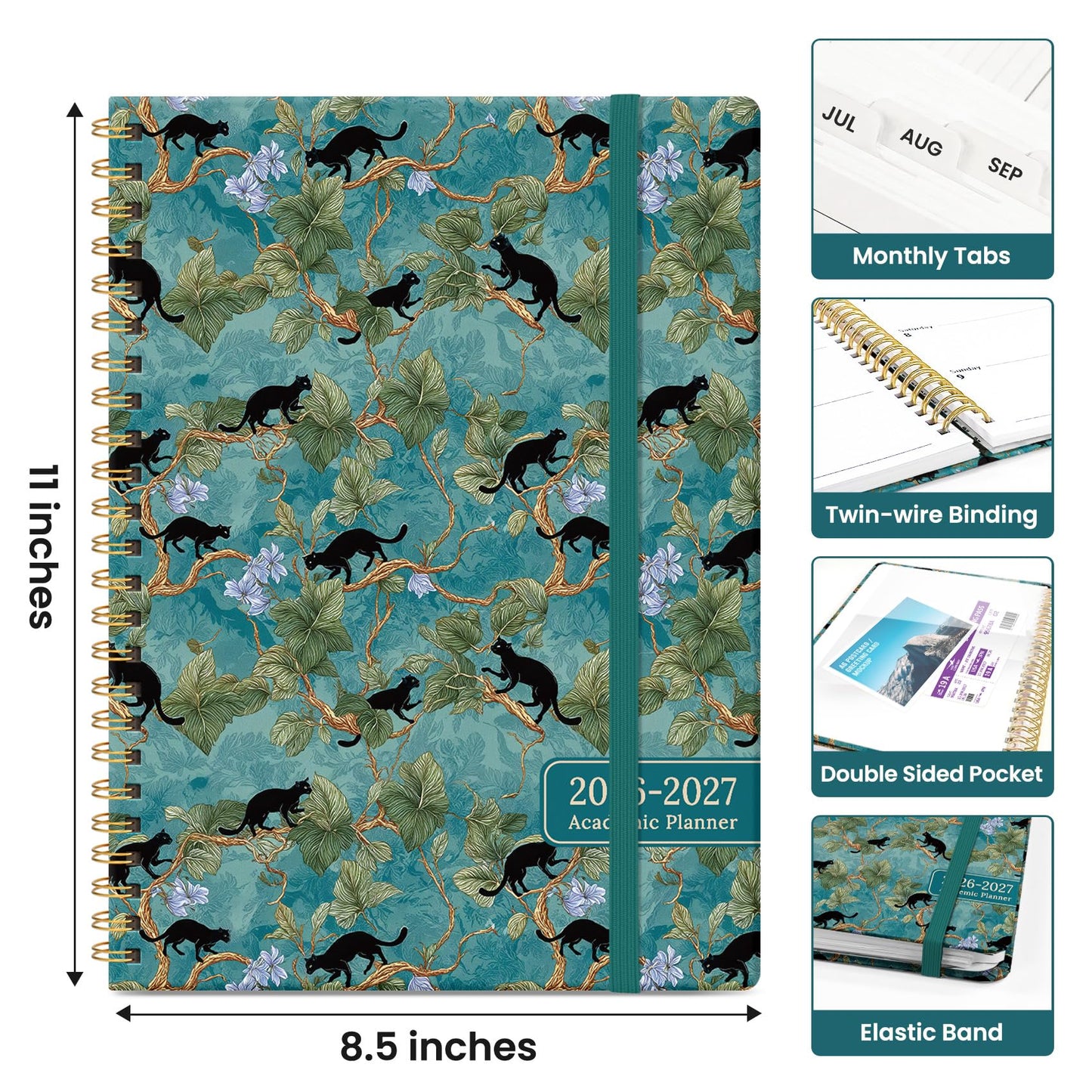 Planner 2026-2027, Academic Year Weekly and Monthly Calender Planner, from Jul 2026 - Jun 2027, Spiral Bound School Planning Book, Perfect for Teacher, Student, Women & Men, A4 (8.5" x 11"), Cats in Vine