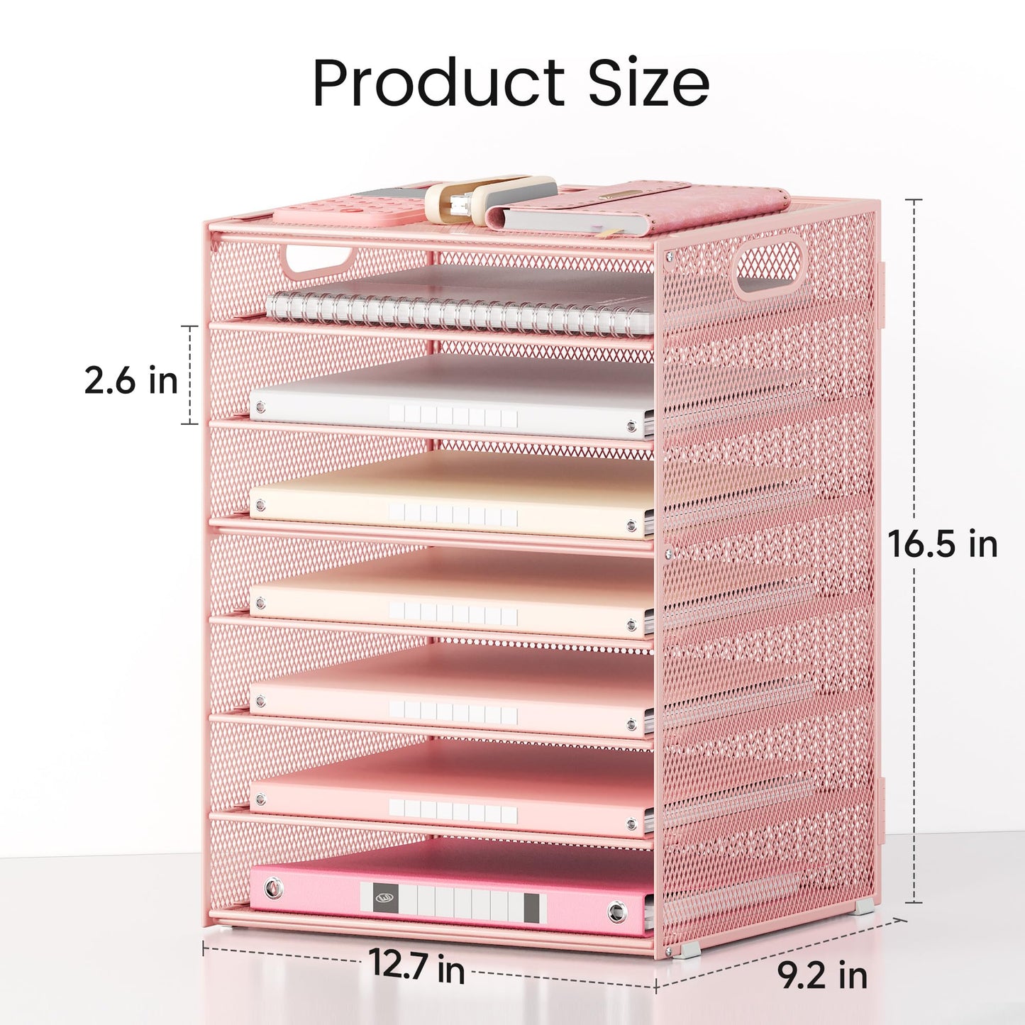 Lavatino 2 Pack 8-Tier Office Desk File Organizer, Letter Tray Paper Organizer with Handle, Including 5 Adjustable Slide Trays for Organizing Desk Workspace Accessories and Supplies (Pink Mesh)