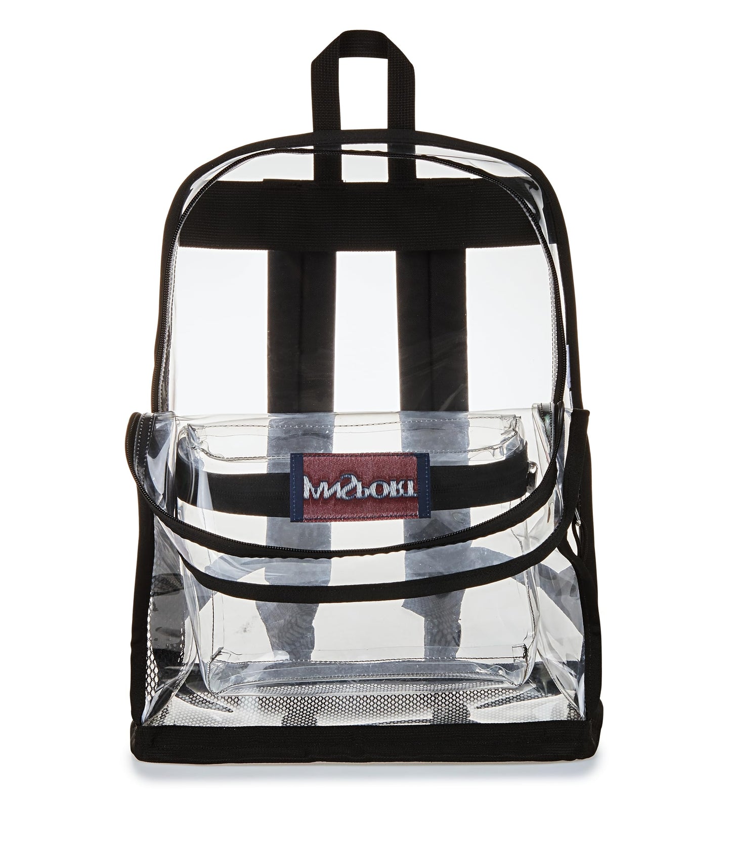 JanSport Clear Pack – 25.5L Transparent Backpack, Large Main Compartment, Side Water Bottle Pocket, Front Zippered Pocket, Mesh Bottom Panel, Clear