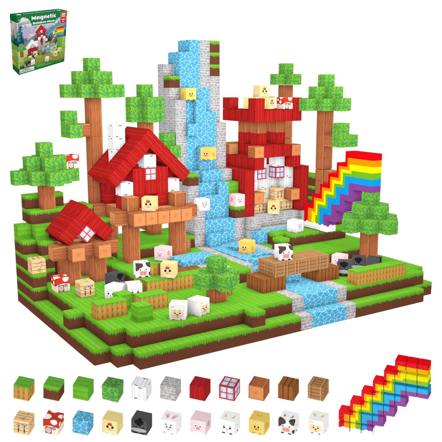 STELLUNE 200PCS Magnetic Blocks with 3 Light Up Pieces, Rainbow Farm Pals Magnetic Building Cubes, STEM Educational Toys for Kids Ages 3+, Ideal Gift for Boys Girls