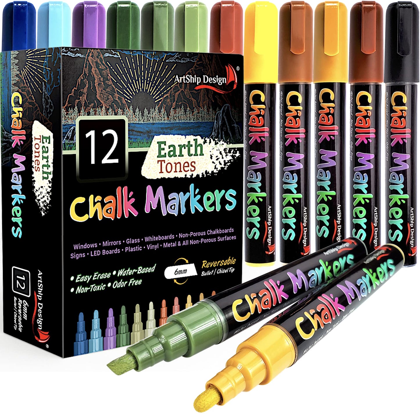 12 Earth Tone Chalk Markers Double Pack of Both Fine and Reversible Medium Tip Liquid Chalk Pens Wet Erasable - Menu Boards, Glass, Windows, White Boards, Classrooms, Mirrors, Plastic, Metal