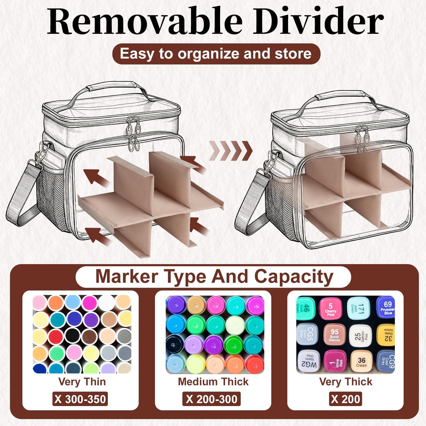 Wigojoy Large Marker Organizer Case for 200-300 Markers, Double-Layer Marker Bag with Removable Dividers, Marker Organizer for Markers, Pencils, Crayons or Other Art Supplies, Black (Bag Only)