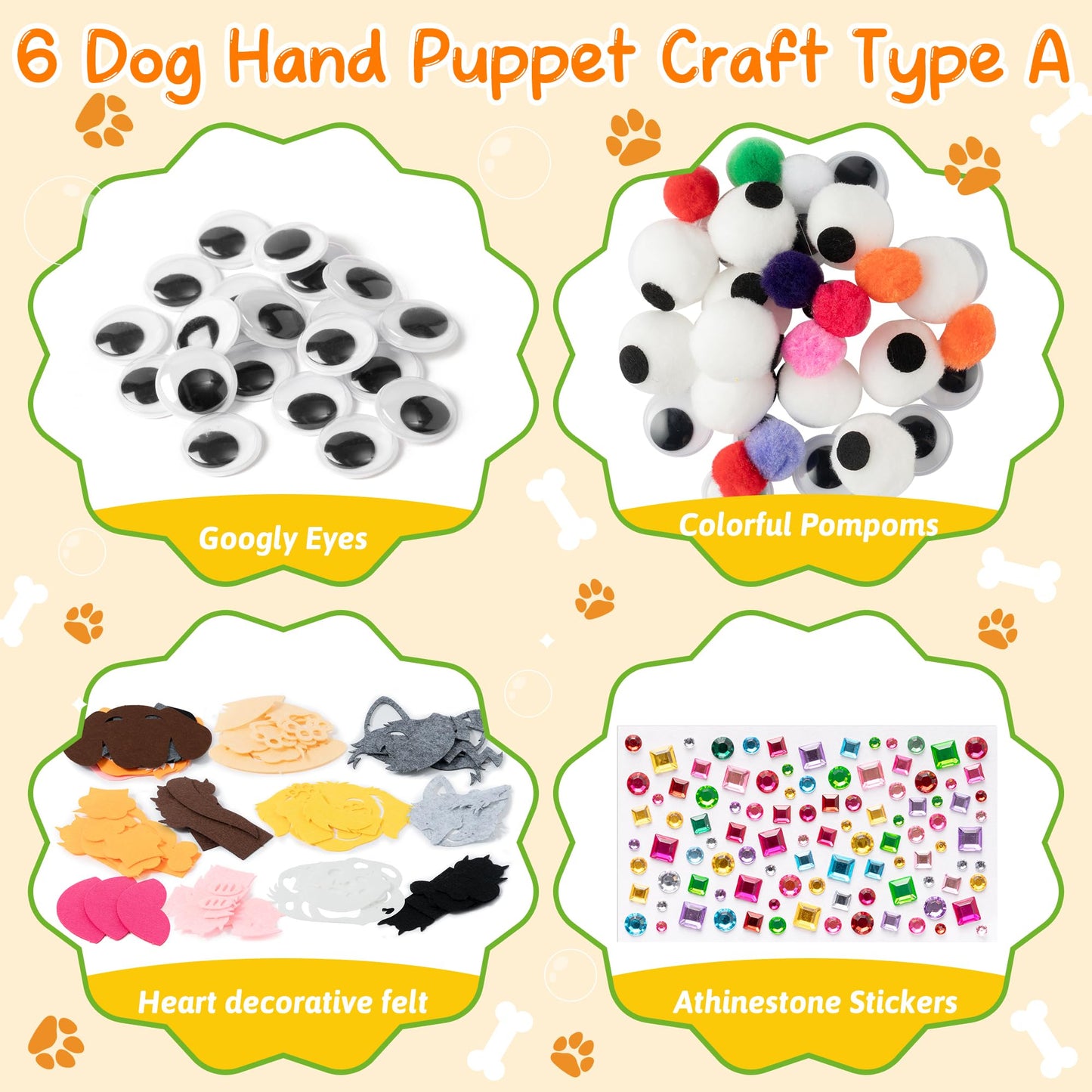 WATINC 6Pcs Hand Puppet Making Kit, Art Craft Felt Sock Puppet Toys, Creative DIY Make Your Own Pompoms Wiggle Googly Eyes Storytelling Role Play Party Supplies Gift for Girls Boys (Dog A)