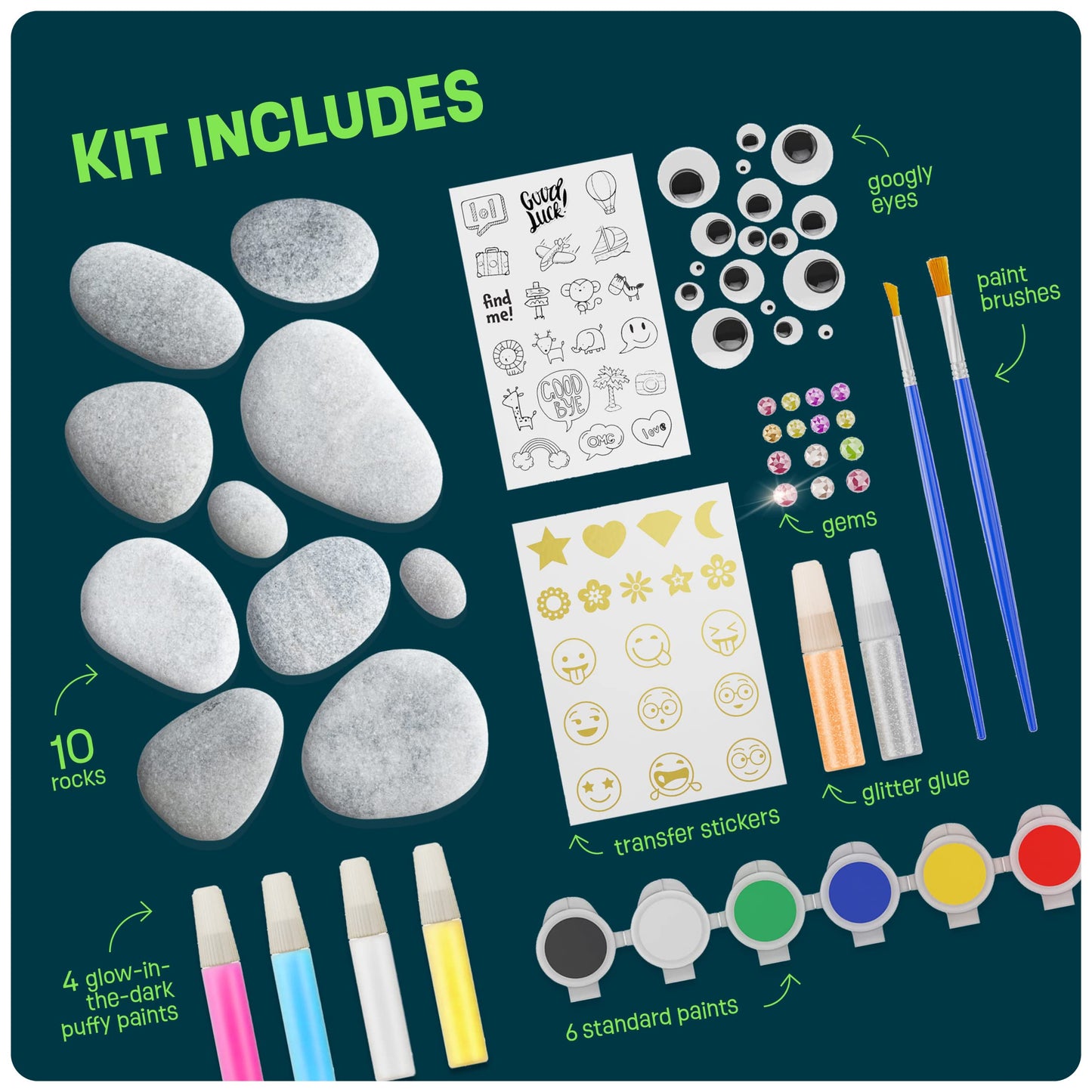 Dan&Darci Kids Rock Painting Kit - Glow in The Dark - Gifts Arts & Crafts for Boys and Girls Ages 6-12 - Craft Activities Kits - Creative Art Toys for 6, 7, 8, 9, 10, 11 & 12 Year Old Kid