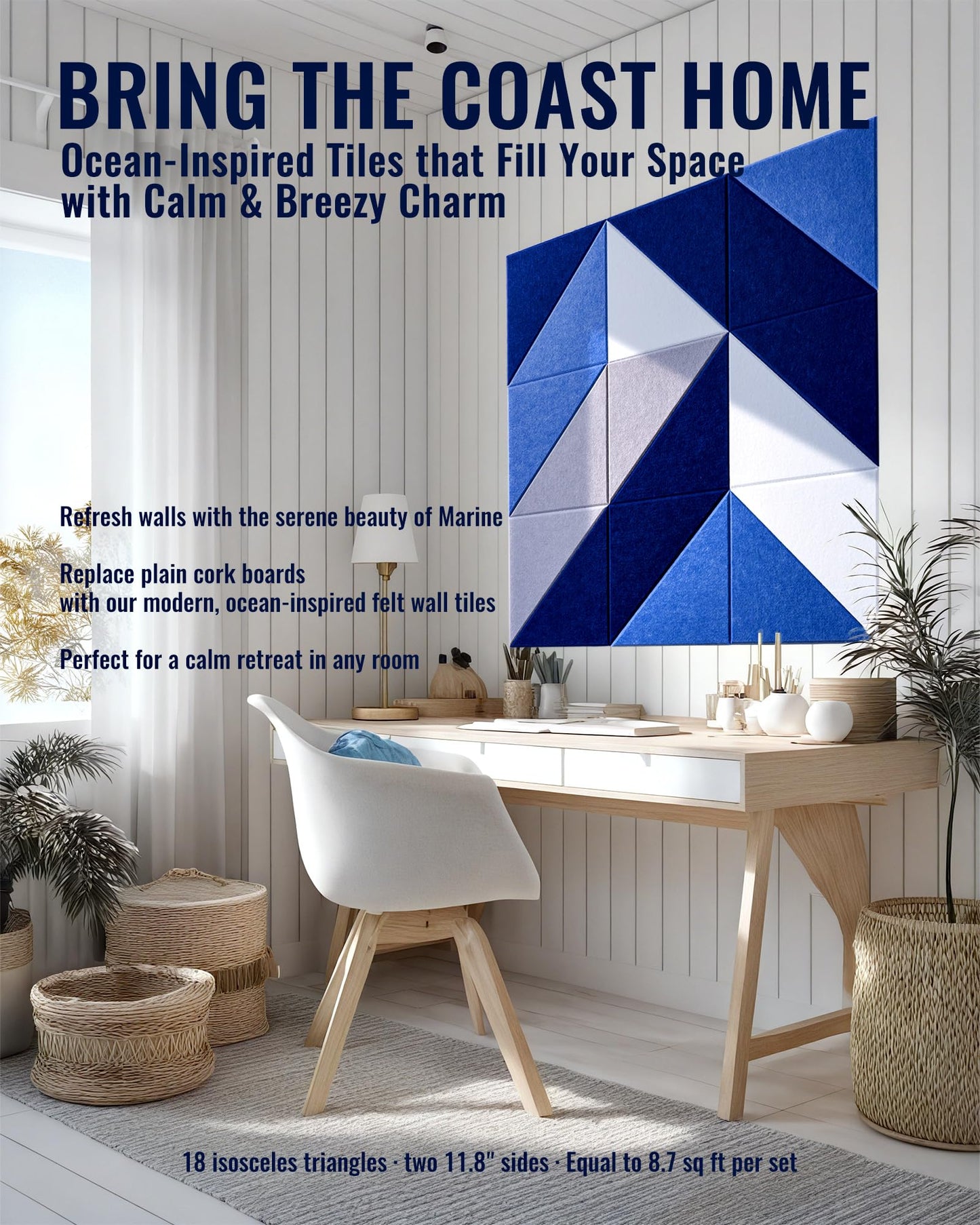 PebblingQ Felt Wall Tiles Bulletin Board, Marine Blue White Panels, Modular Decorative Boards for Home Office, Kids Room, Nursery, DIY Geometric Art Display, 18 Pack 11.8" Triangle Tiles (Marine)