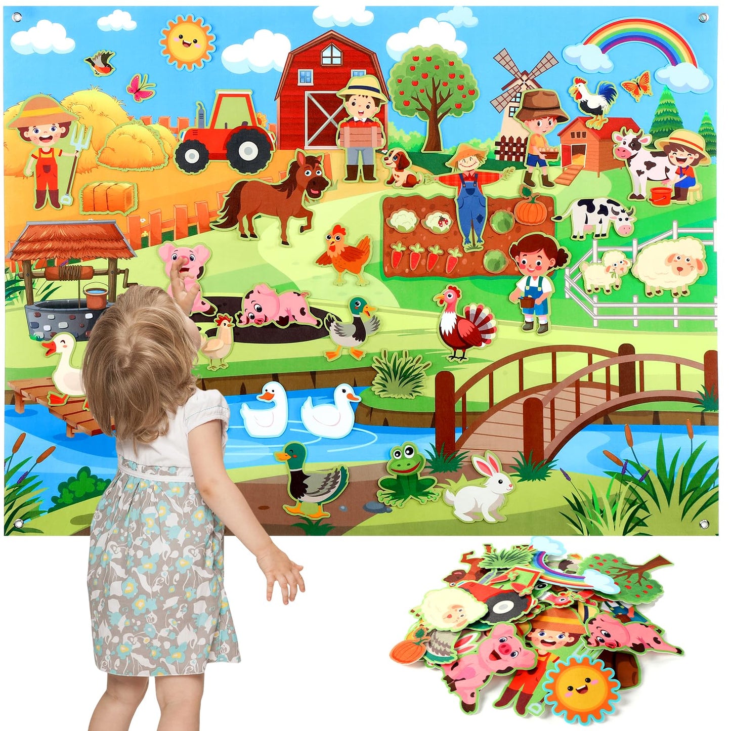 Foilswirl Farm Animals Felt Story Board Set 48pcs 47× 35 Inch Interactive Montessori Birthday Gift Board for Toddlers Storytelling Flannel Early Learning Hanging for Kids Children