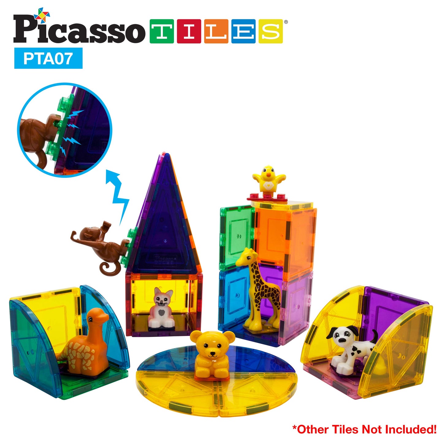 PicassoTiles 7pc Magnetic Animal Action Figure Set for Magnet Building Block Educational STEM Learning Kit Construction Toy Pretend Playset Child Brain Development HandEye Coordination Training PTA07