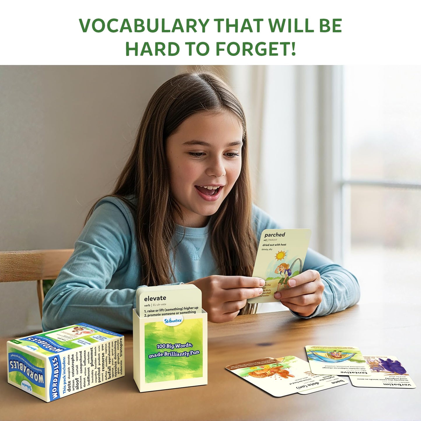 Skillmatics Vocabulary Flash Cards for Kids - Learn 100 Words with Wordplay, Visuals, & Soundplay, Educational Gift for Ages 8, 9, 10 & Up, Screen-Free Language Game