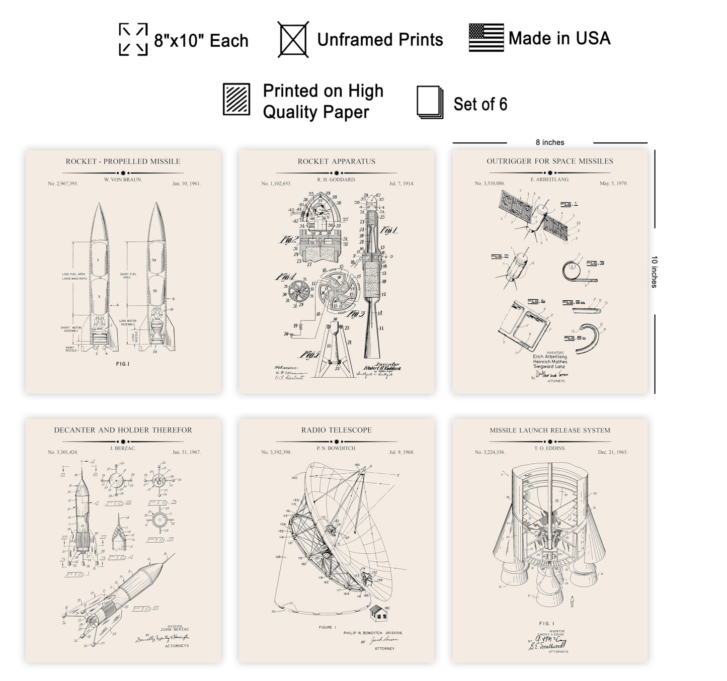 Monem Art 6-Piece Space Exploration Blueprint Print - Space Patent Poster - Rocket, Spaceship, NASA & Satellite Art - Technical Drawing Wall Design - Dorm or Office Decor - 8x10 UNFRAMED Wall Art